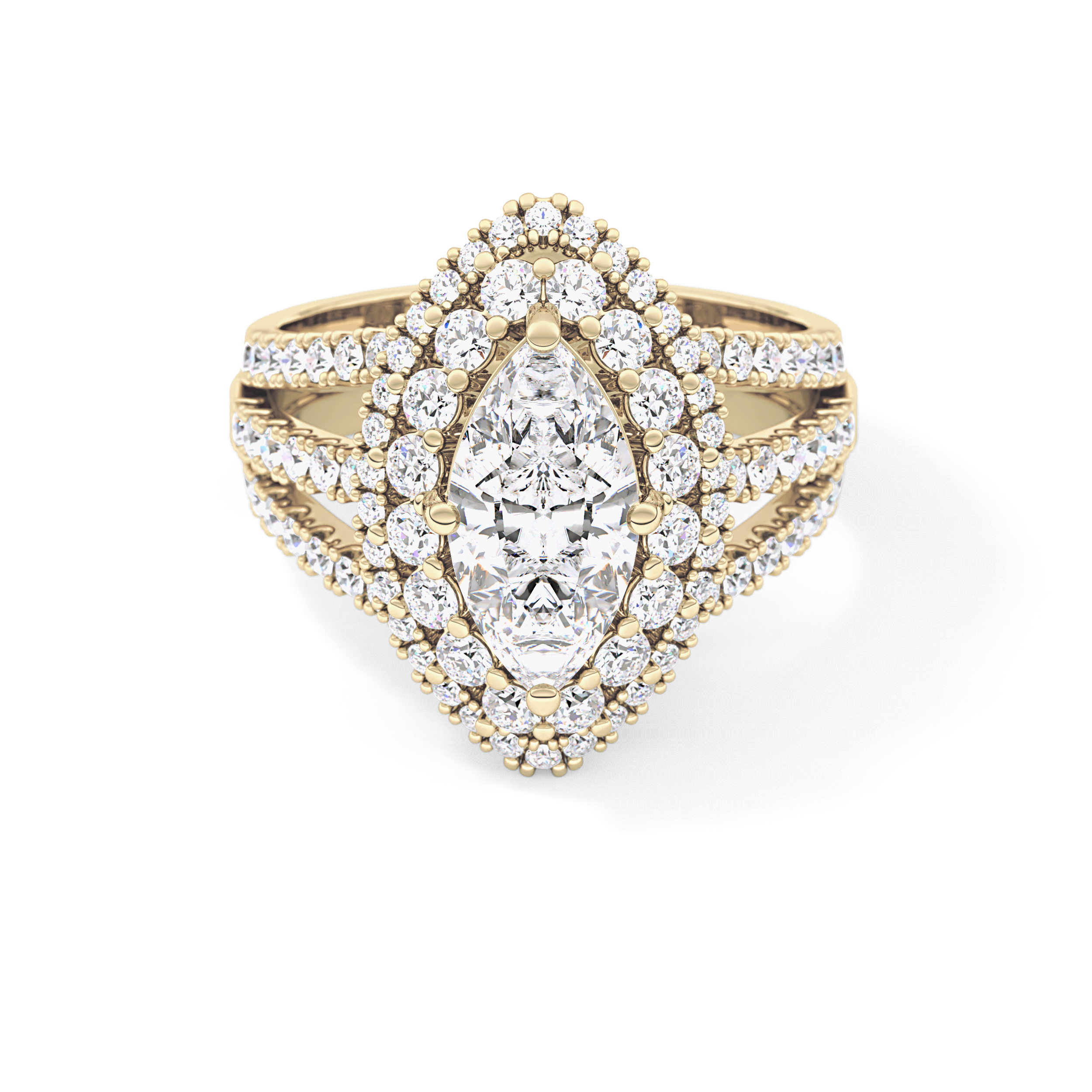 Marquise Cut 1.5 Carat Moissanite Ring – Double Halo and Pave Setting in Gold