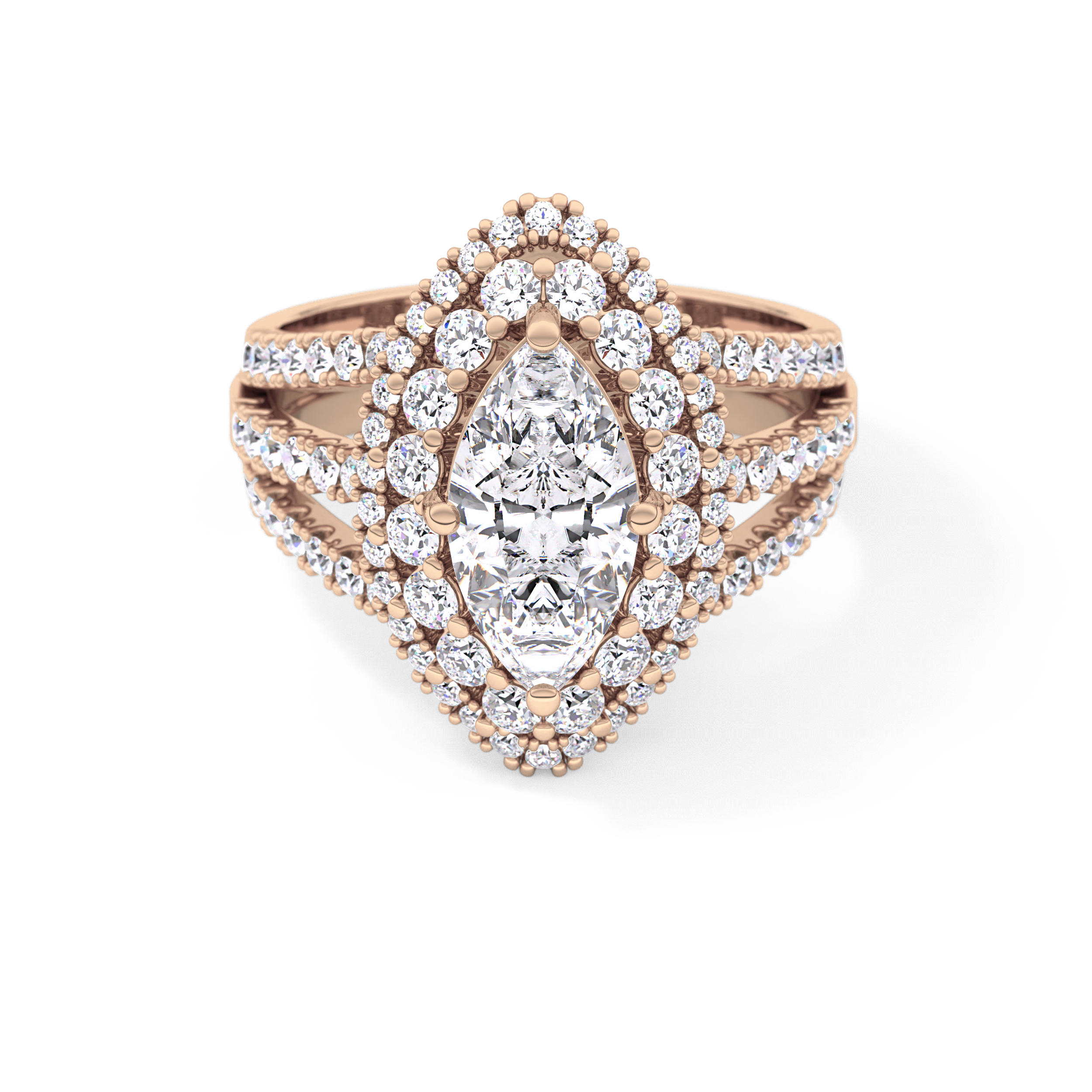 Marquise Cut 1.5 Carat Moissanite Ring – Double Halo and Pave Setting in Gold