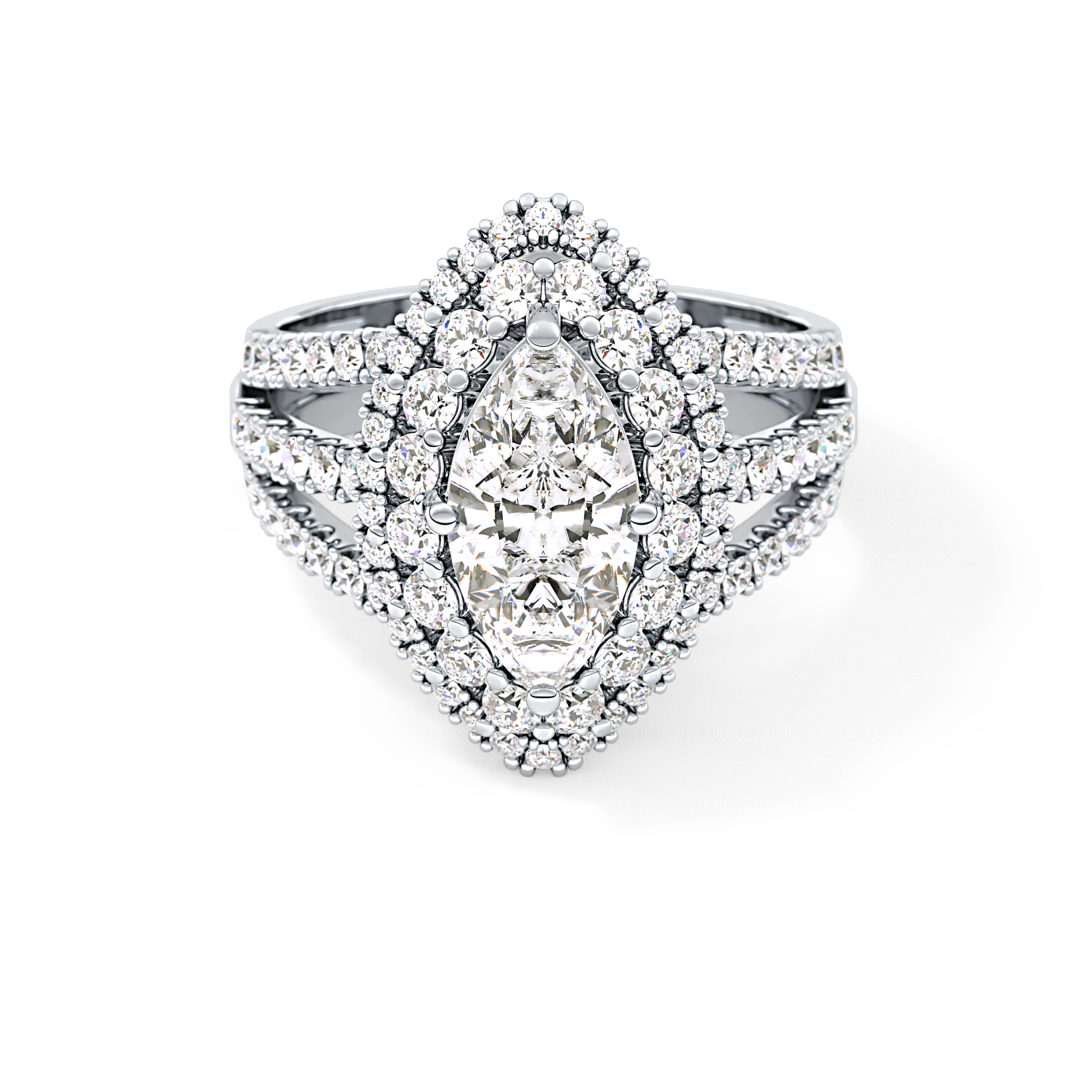 Marquise Cut 1.5 Carat Moissanite Ring – Double Halo and Pave Setting in Gold