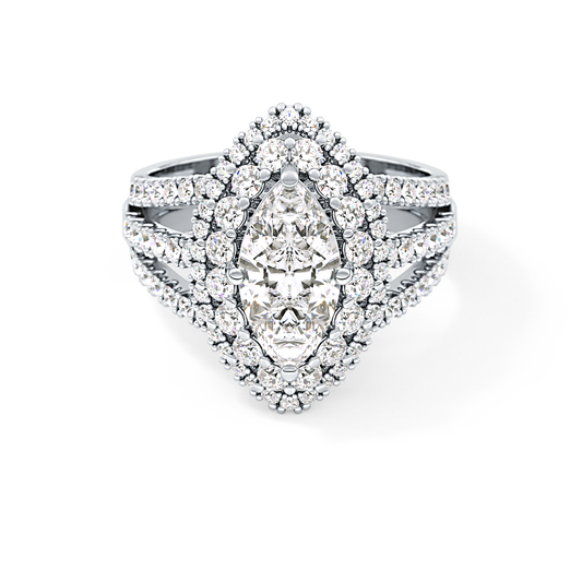 Marquise Cut 1.5 Carat Moissanite Ring – Double Halo and Pave Setting in Gold