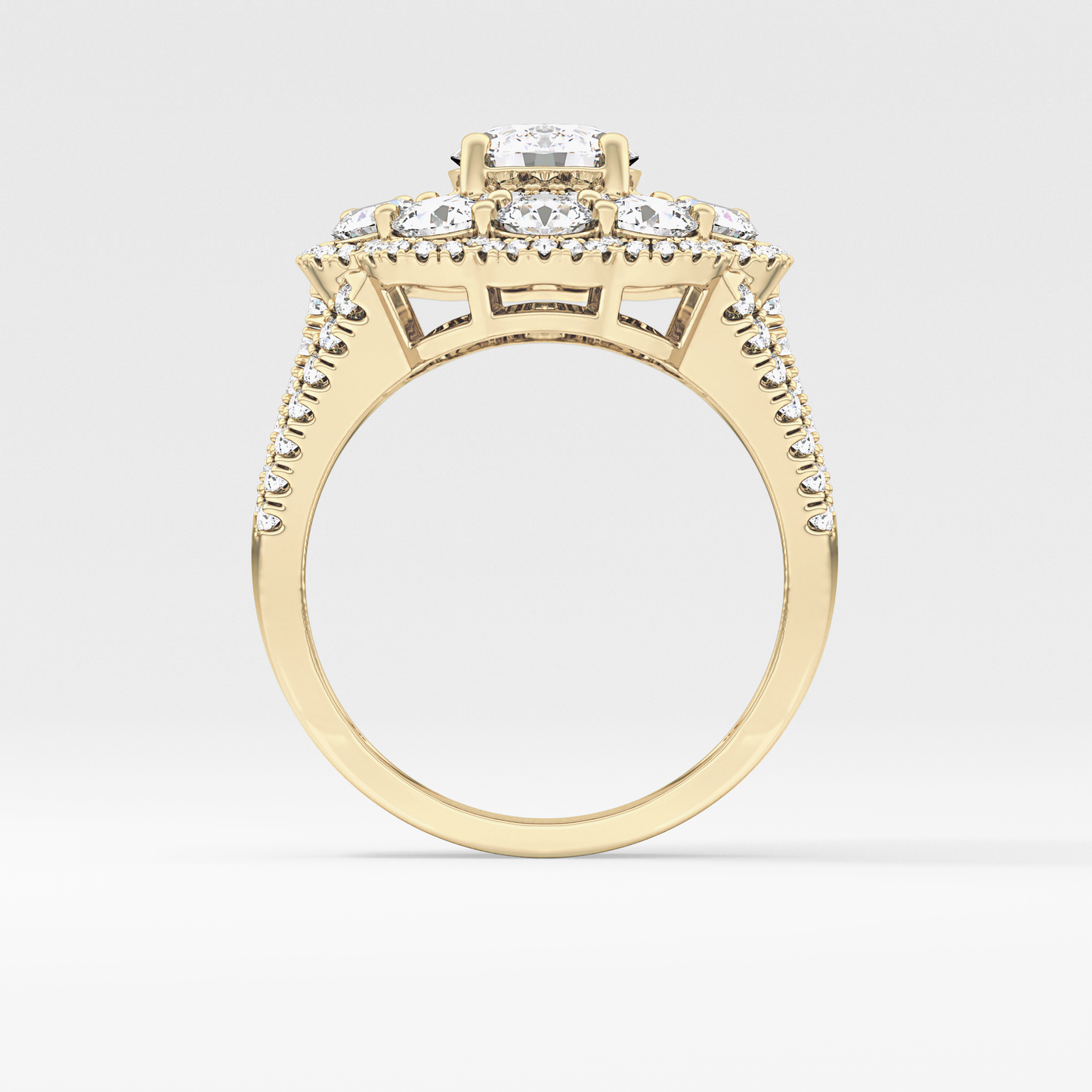 Round Cut 1.13 Carat Moissanite Ring – Cluster & Split Shank Setting in Gold