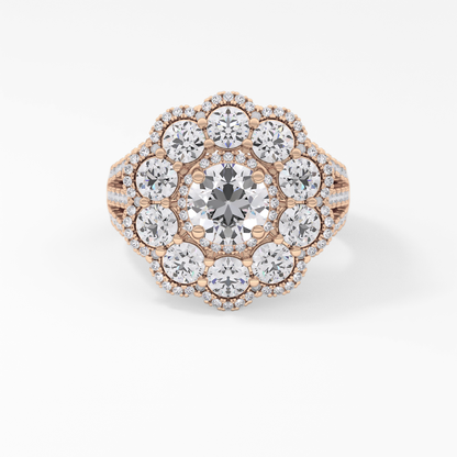 Round Cut 1.13 Carat Moissanite Ring – Cluster & Split Shank Setting in Gold