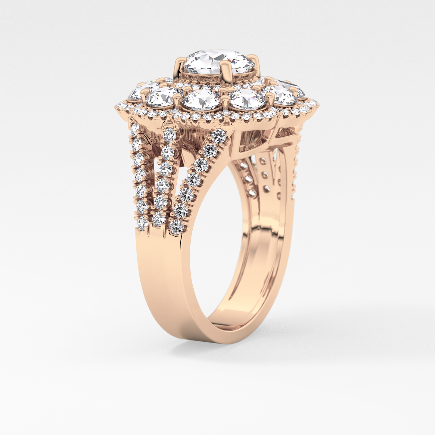 Round Cut 1.13 Carat Moissanite Ring – Cluster & Split Shank Setting in Gold