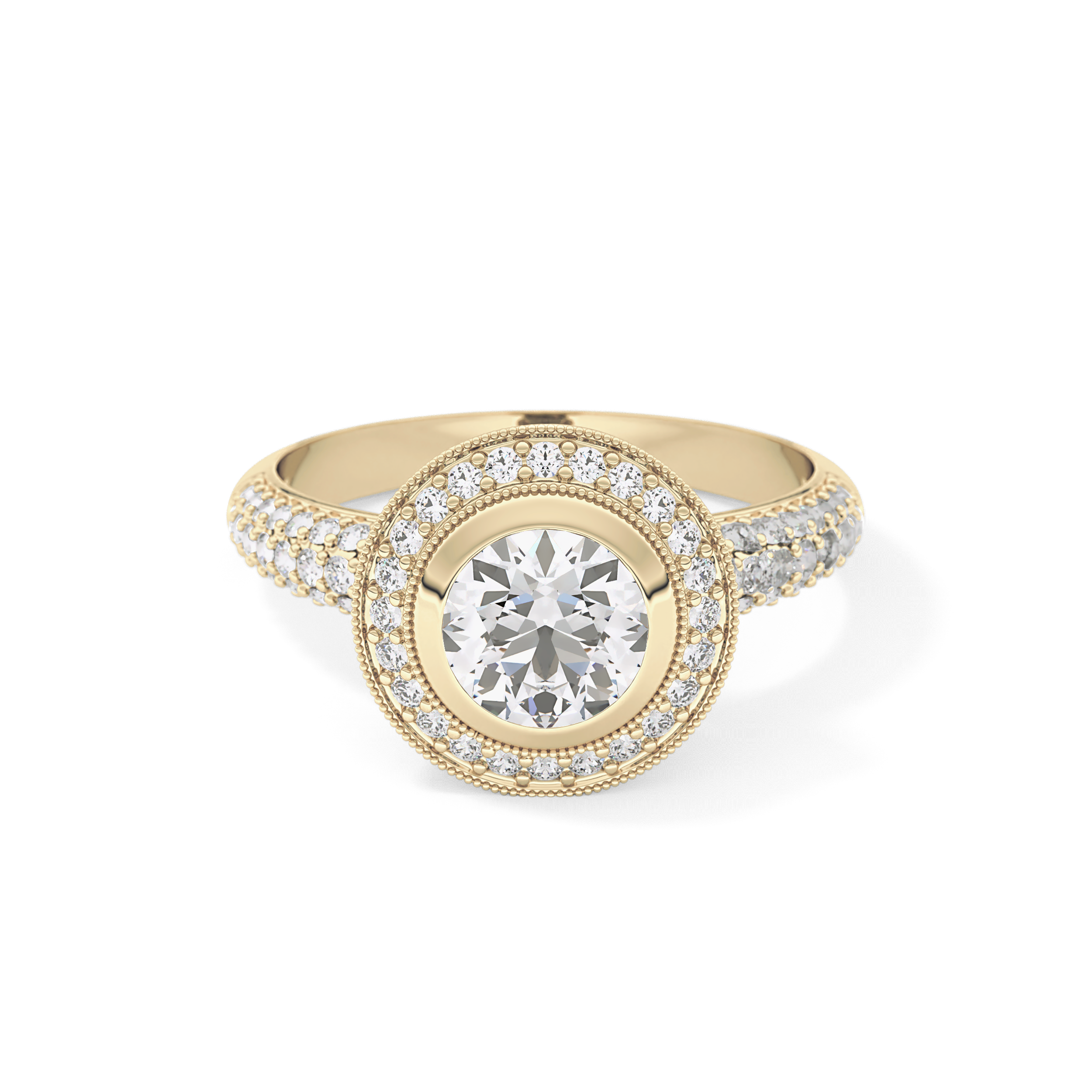 Round Cut 0.09 Carat Moissanite Ring – Halo and Pave Setting in Gold