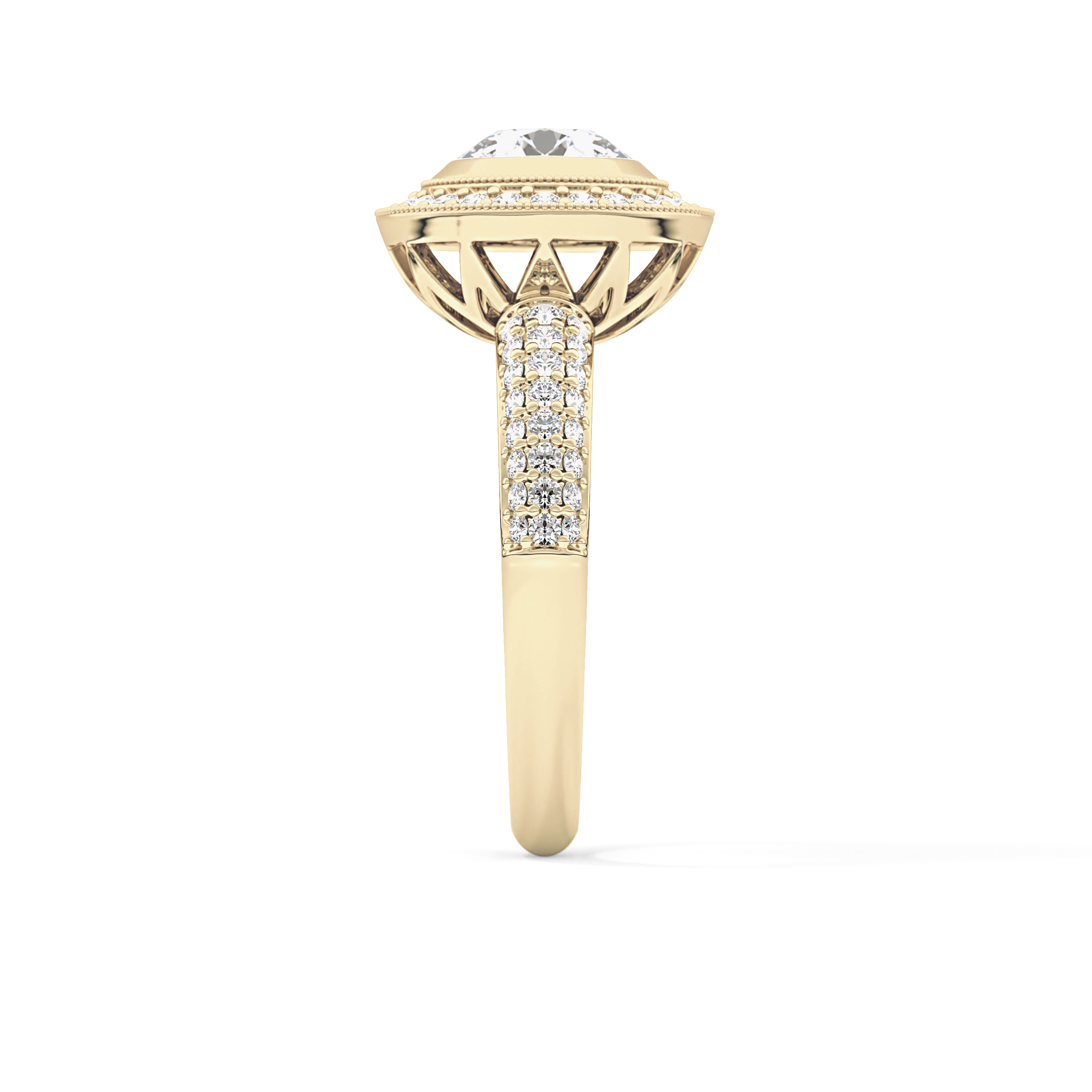 Round Cut 0.09 Carat Moissanite Ring – Halo and Pave Setting in Gold