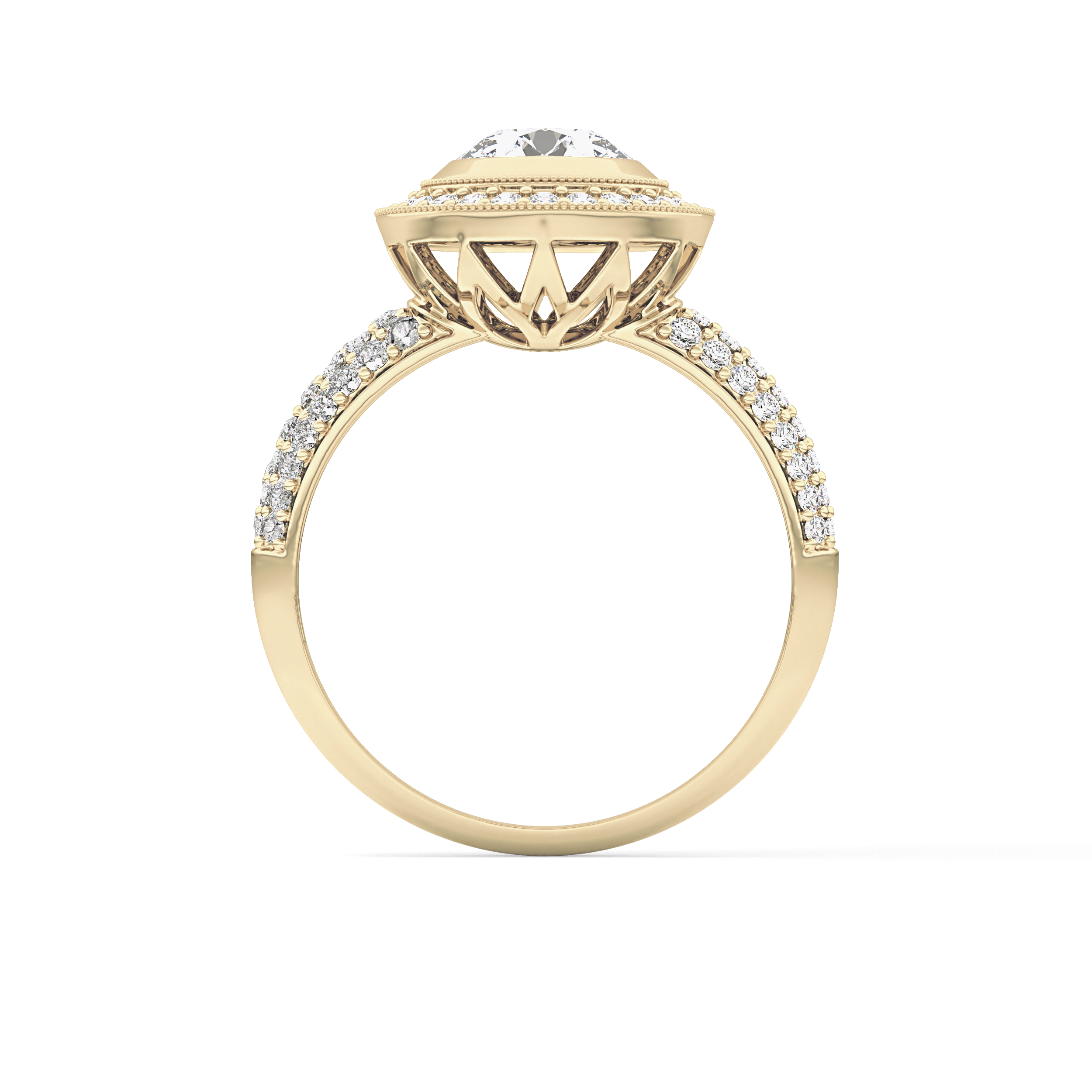 Round Cut 0.09 Carat Moissanite Ring – Halo and Pave Setting in Gold