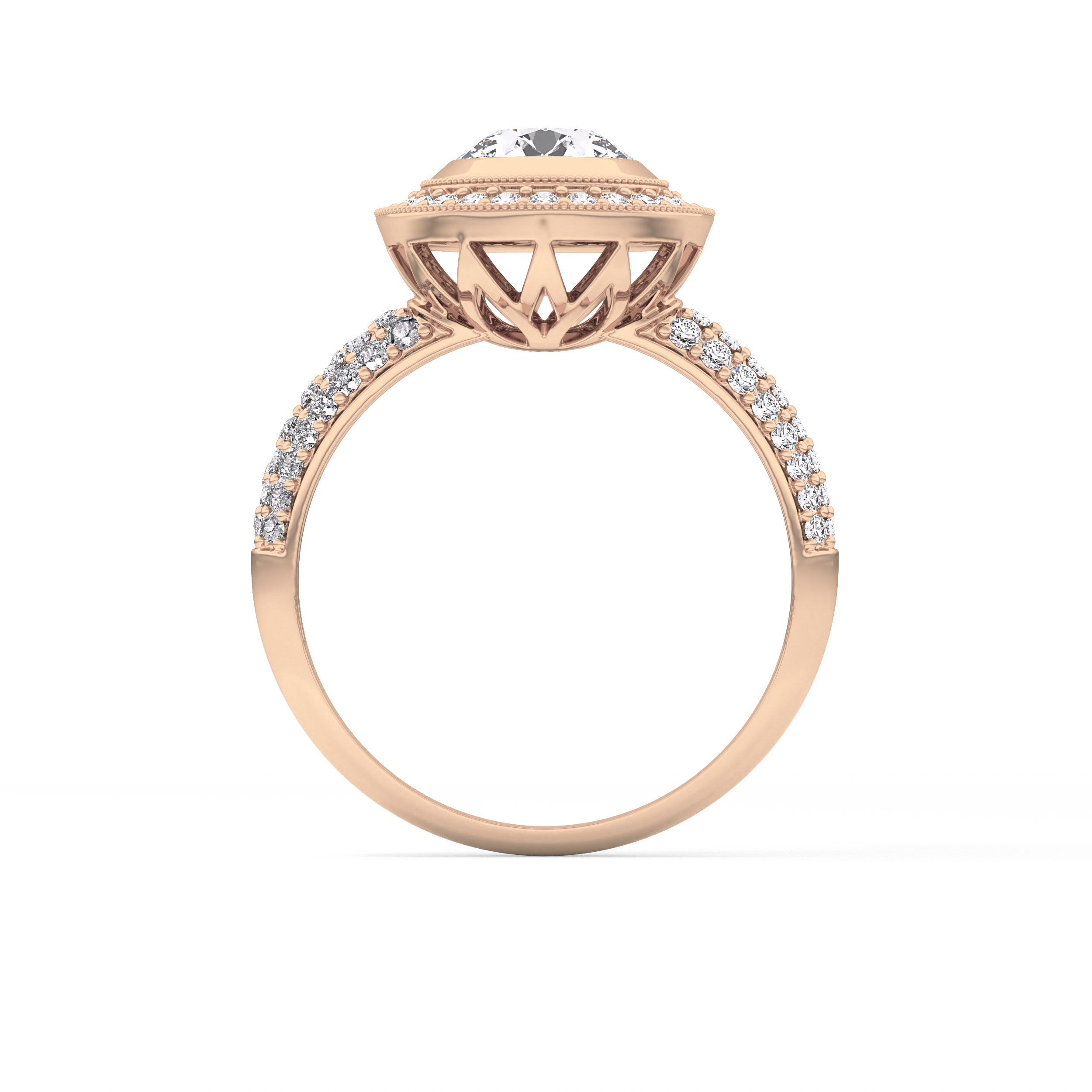 Round Cut 0.09 Carat Moissanite Ring – Halo and Pave Setting in Gold