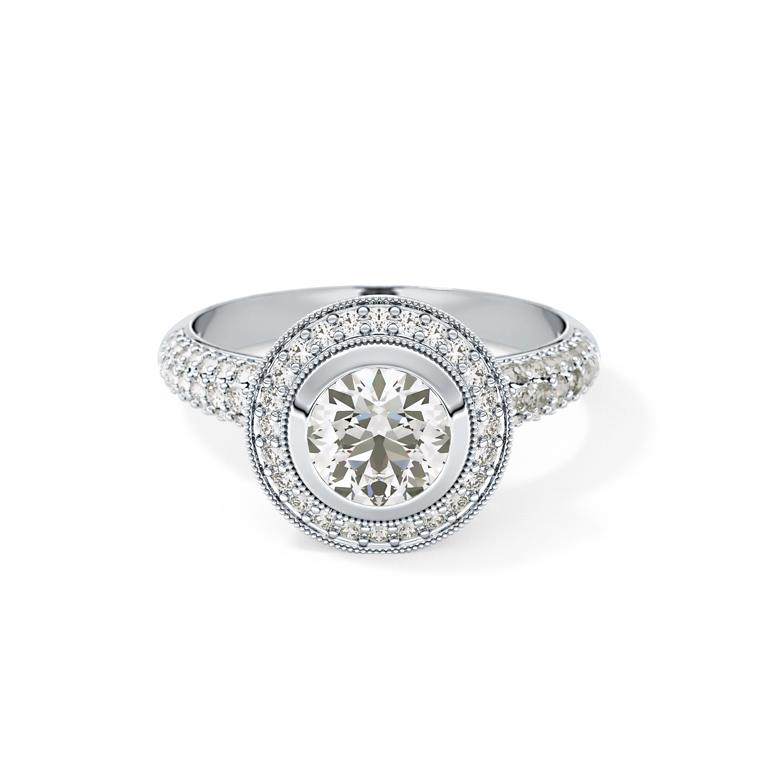Round Cut 0.09 Carat Moissanite Ring – Halo and Pave Setting in Gold