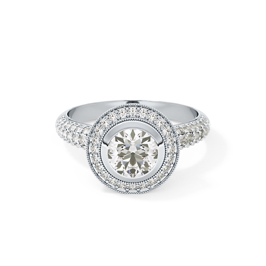Round Cut 0.09 Carat Moissanite Ring – Halo and Pave Setting in Gold