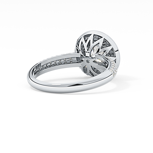 Round Cut 0.09 Carat Moissanite Ring – Halo and Pave Setting in Gold