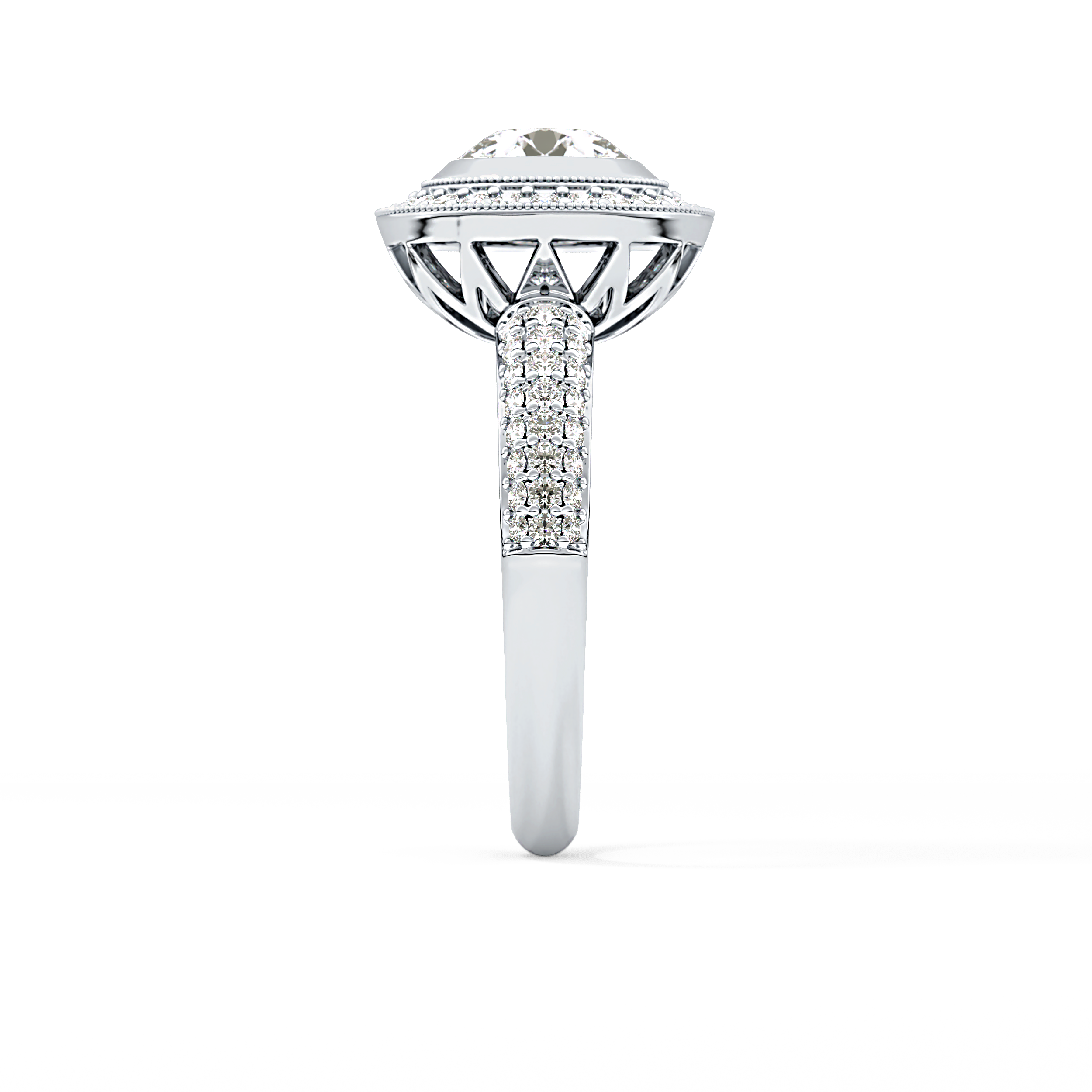 Round Cut 0.09 Carat Moissanite Ring – Halo and Pave Setting in Gold