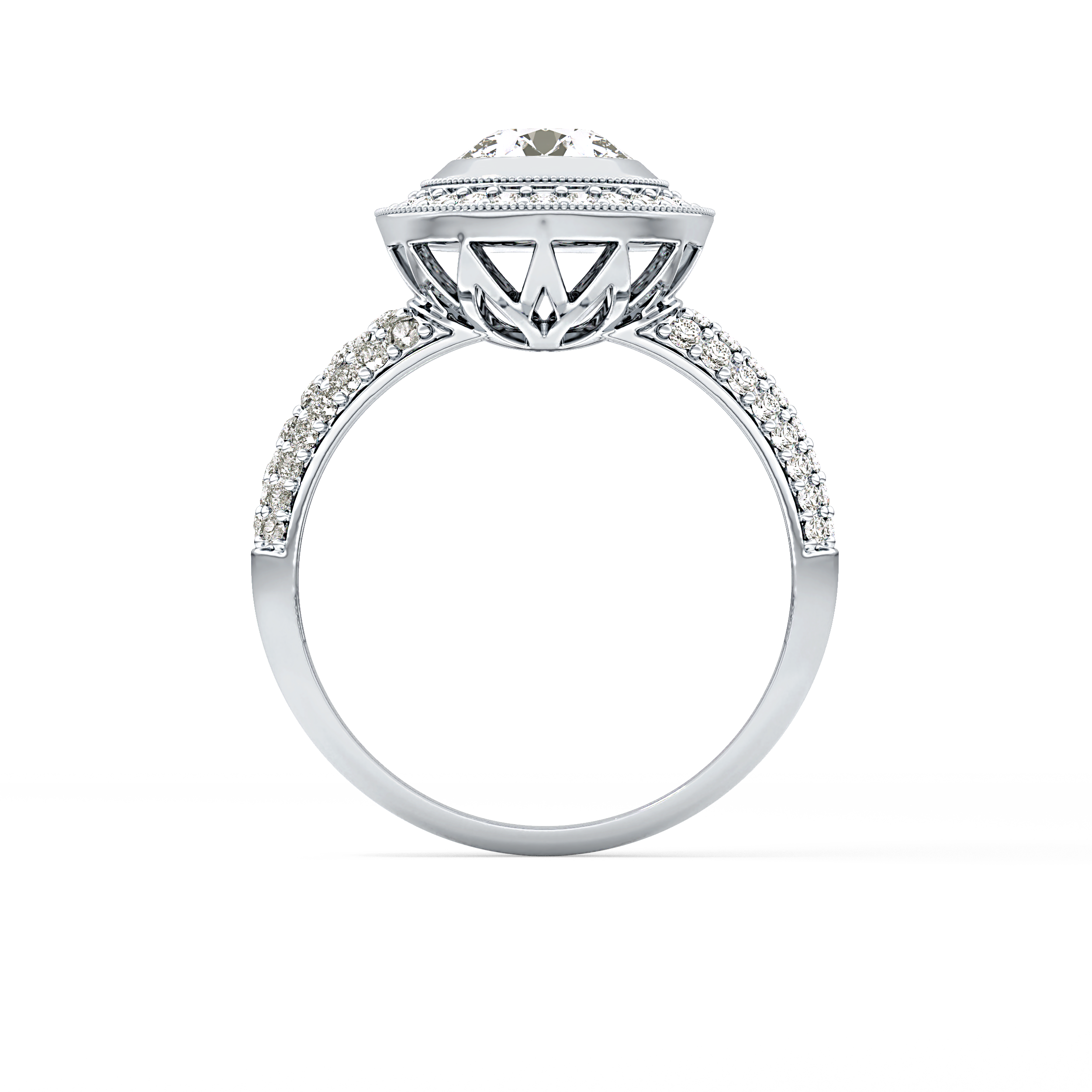 Round Cut 0.09 Carat Moissanite Ring – Halo and Pave Setting in Gold