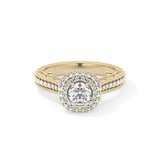 Round Cut 0.46 Carat Moissanite Ring – Double Halo and Pave Setting in Gold