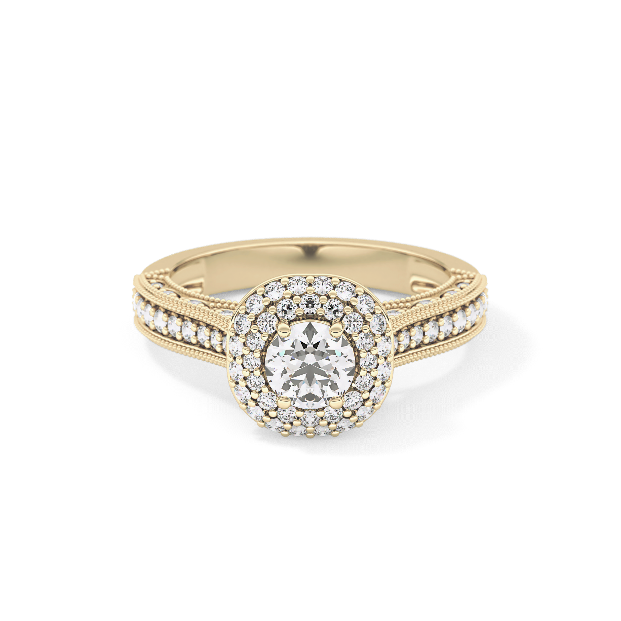 Round Cut 0.46 Carat Moissanite Ring – Double Halo and Pave Setting in Gold