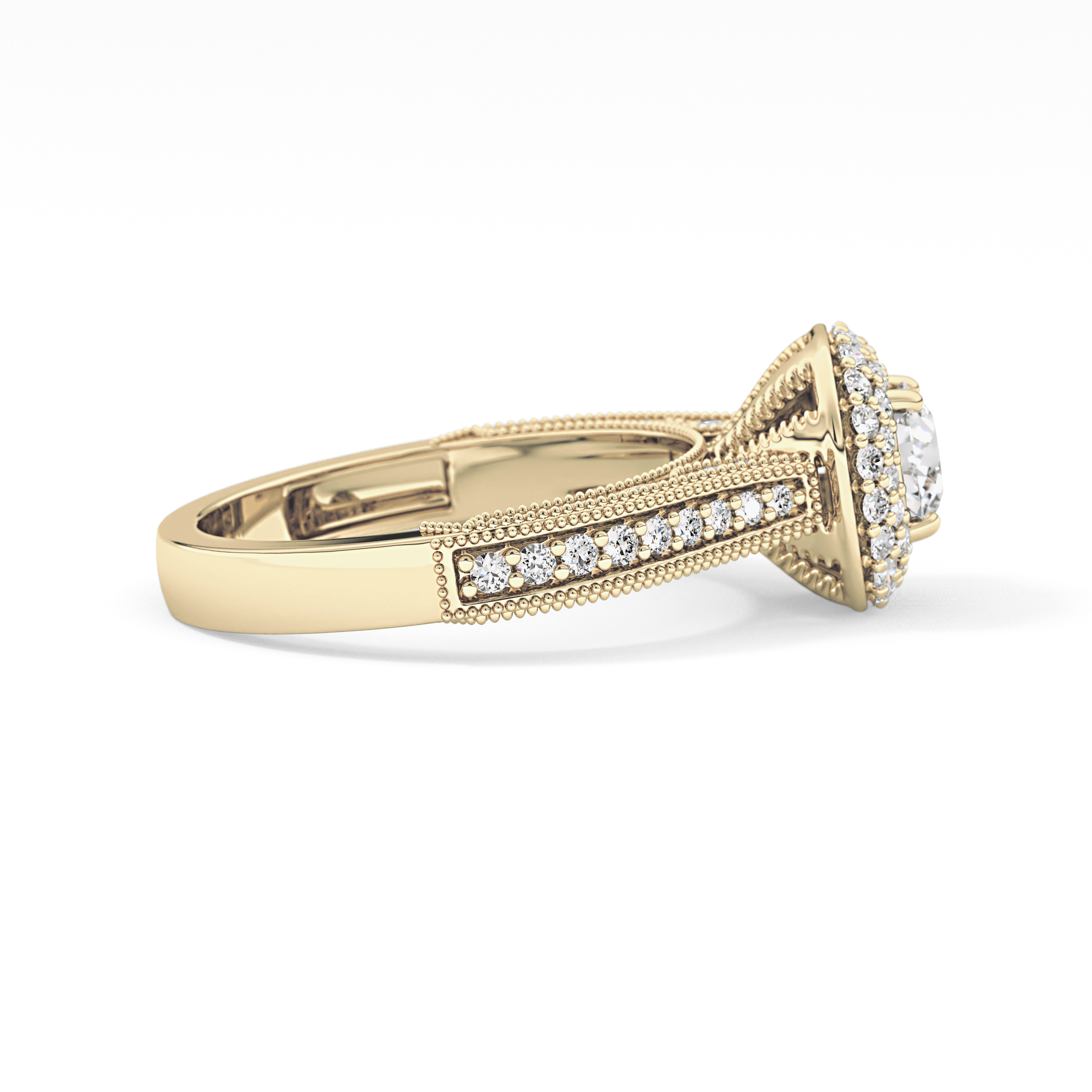 Round Cut 0.46 Carat Moissanite Ring – Double Halo and Pave Setting in Gold