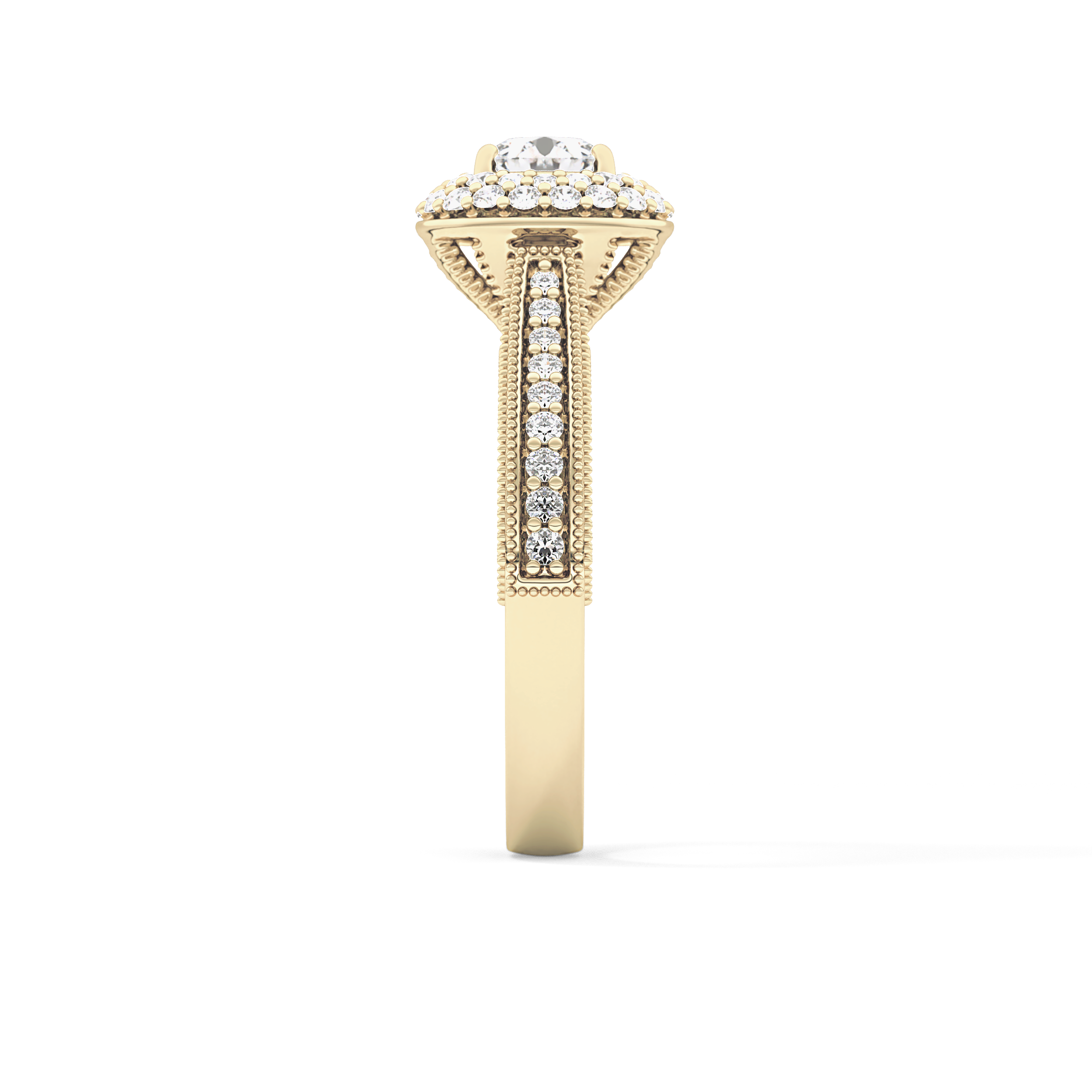 Round Cut 0.46 Carat Moissanite Ring – Double Halo and Pave Setting in Gold