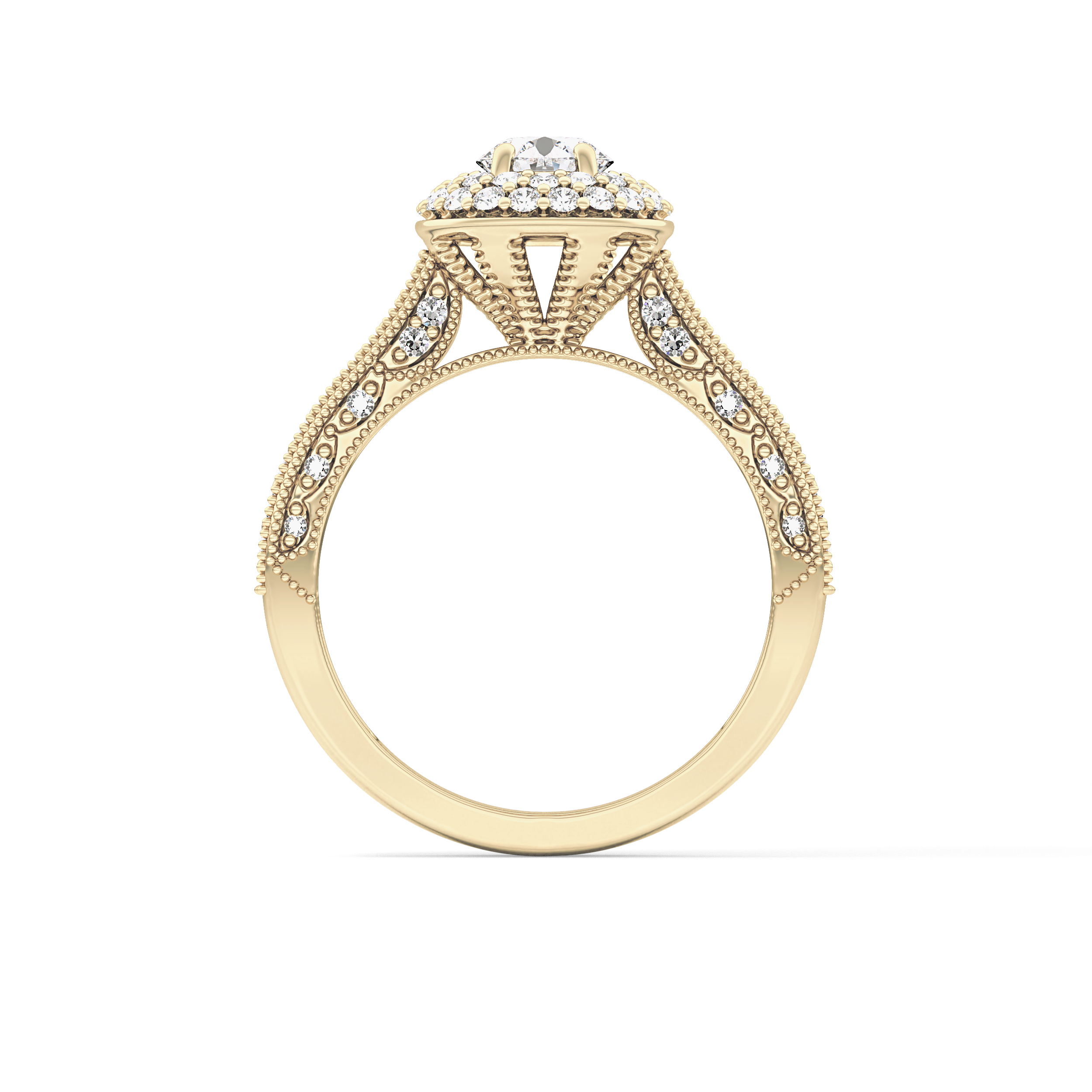 Round Cut 0.46 Carat Moissanite Ring – Double Halo and Pave Setting in Gold