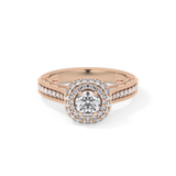 Round Cut 0.46 Carat Moissanite Ring – Double Halo and Pave Setting in Gold