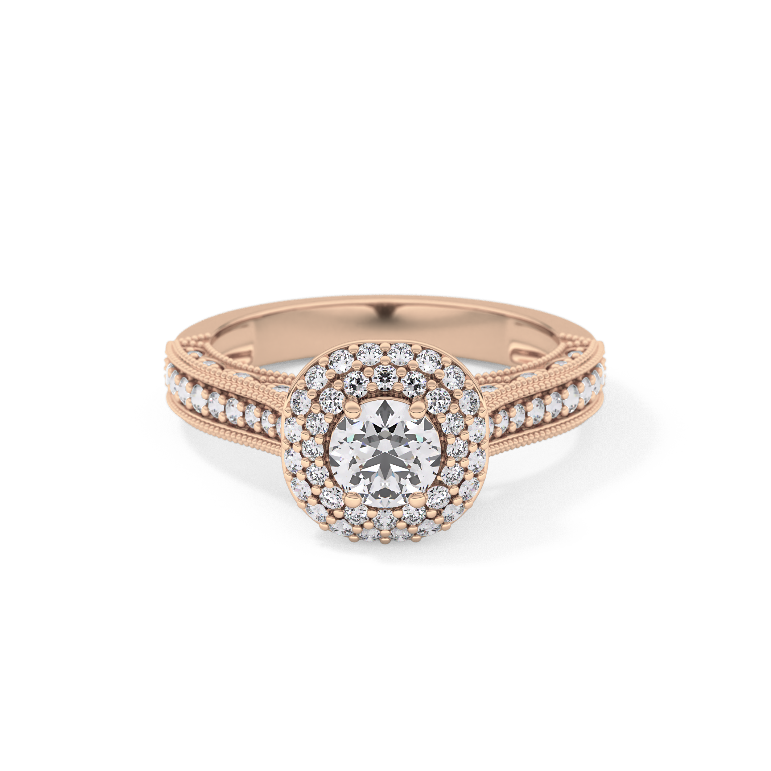 Round Cut 0.46 Carat Moissanite Ring – Double Halo and Pave Setting in Gold