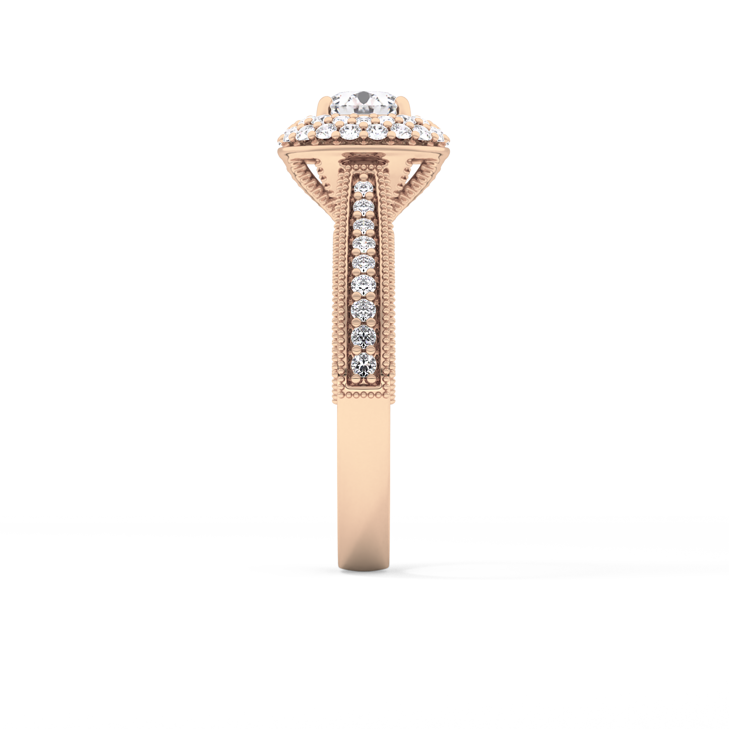 Round Cut 0.46 Carat Moissanite Ring – Double Halo and Pave Setting in Gold