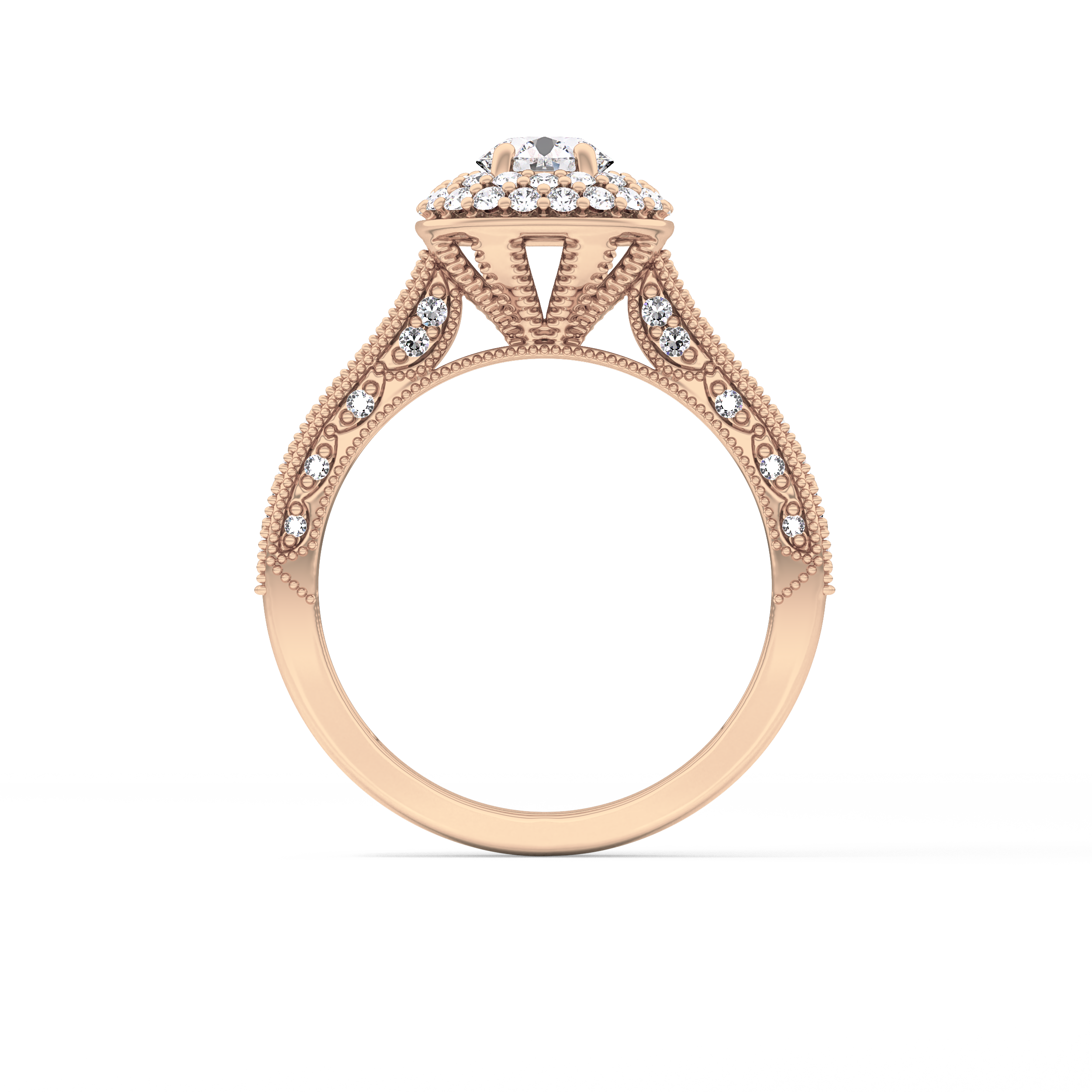 Round Cut 0.46 Carat Moissanite Ring – Double Halo and Pave Setting in Gold