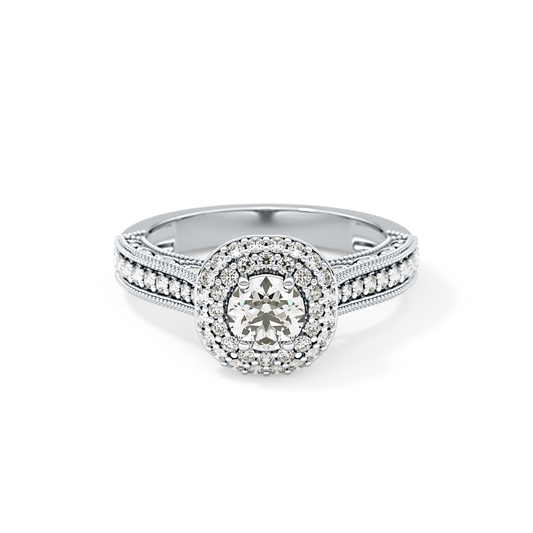 Round Cut 0.46 Carat Moissanite Ring – Double Halo and Pave Setting in Gold