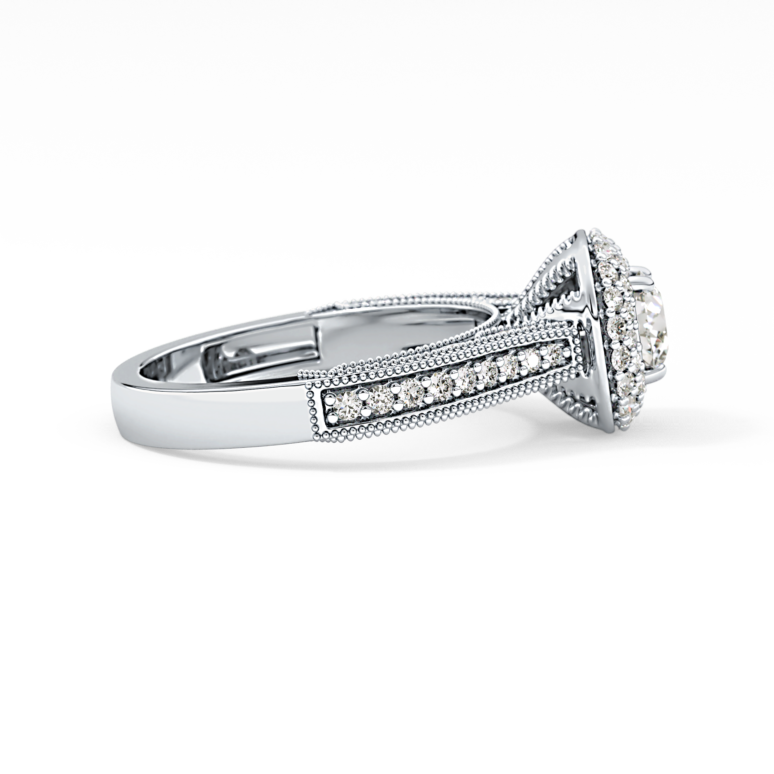 Round Cut 0.46 Carat Moissanite Ring – Double Halo and Pave Setting in Gold