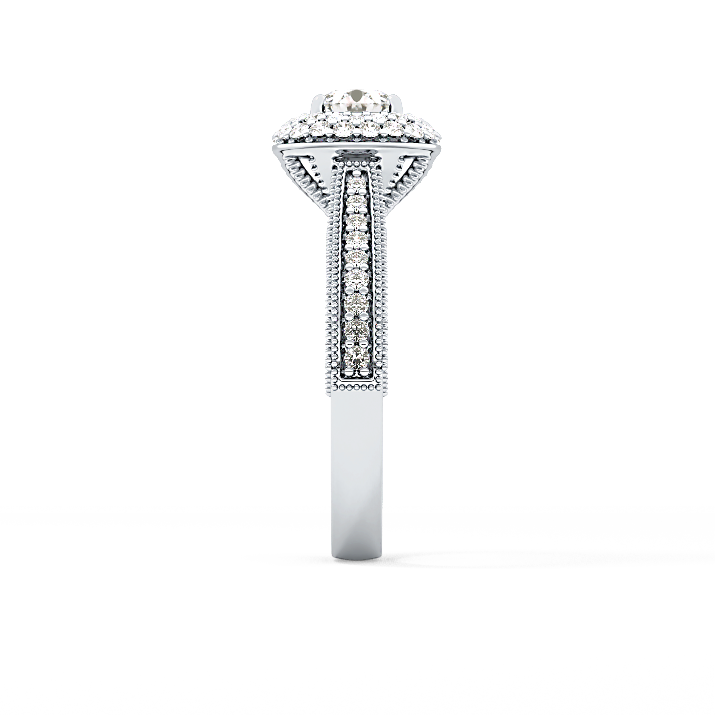 Round Cut 0.46 Carat Moissanite Ring – Double Halo and Pave Setting in Gold
