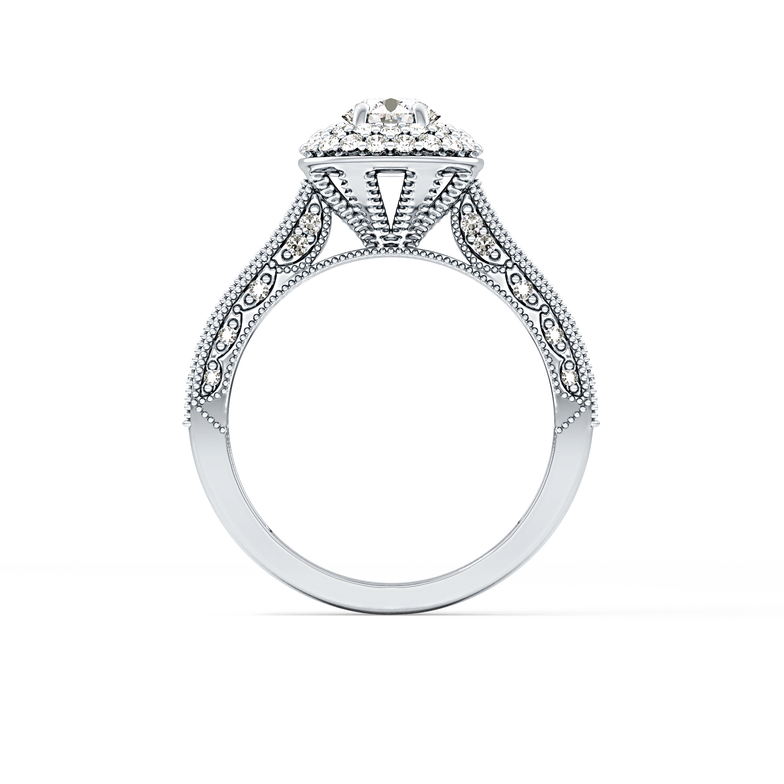 Round Cut 0.46 Carat Moissanite Ring – Double Halo and Pave Setting in Gold