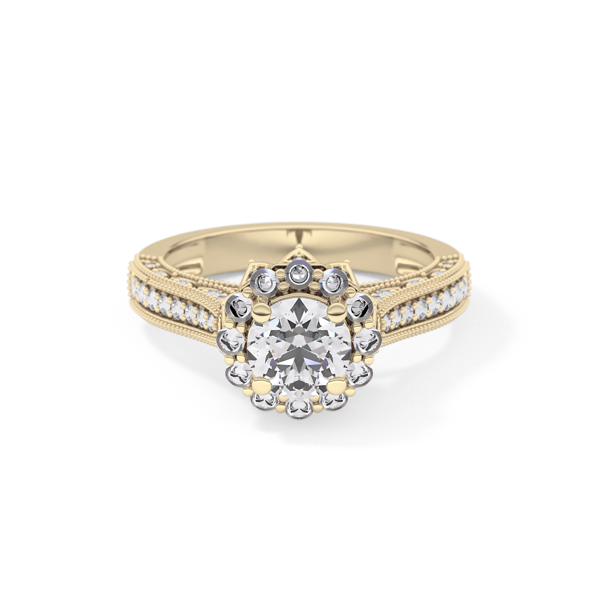 Round Cut 0.79 Carat Moissanite Ring – Halo and Pave Setting in Gold