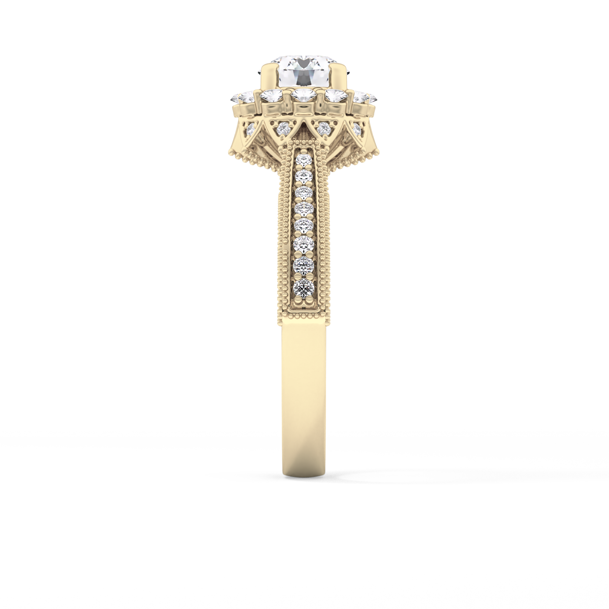 Round Cut 0.79 Carat Moissanite Ring – Halo and Pave Setting in Gold