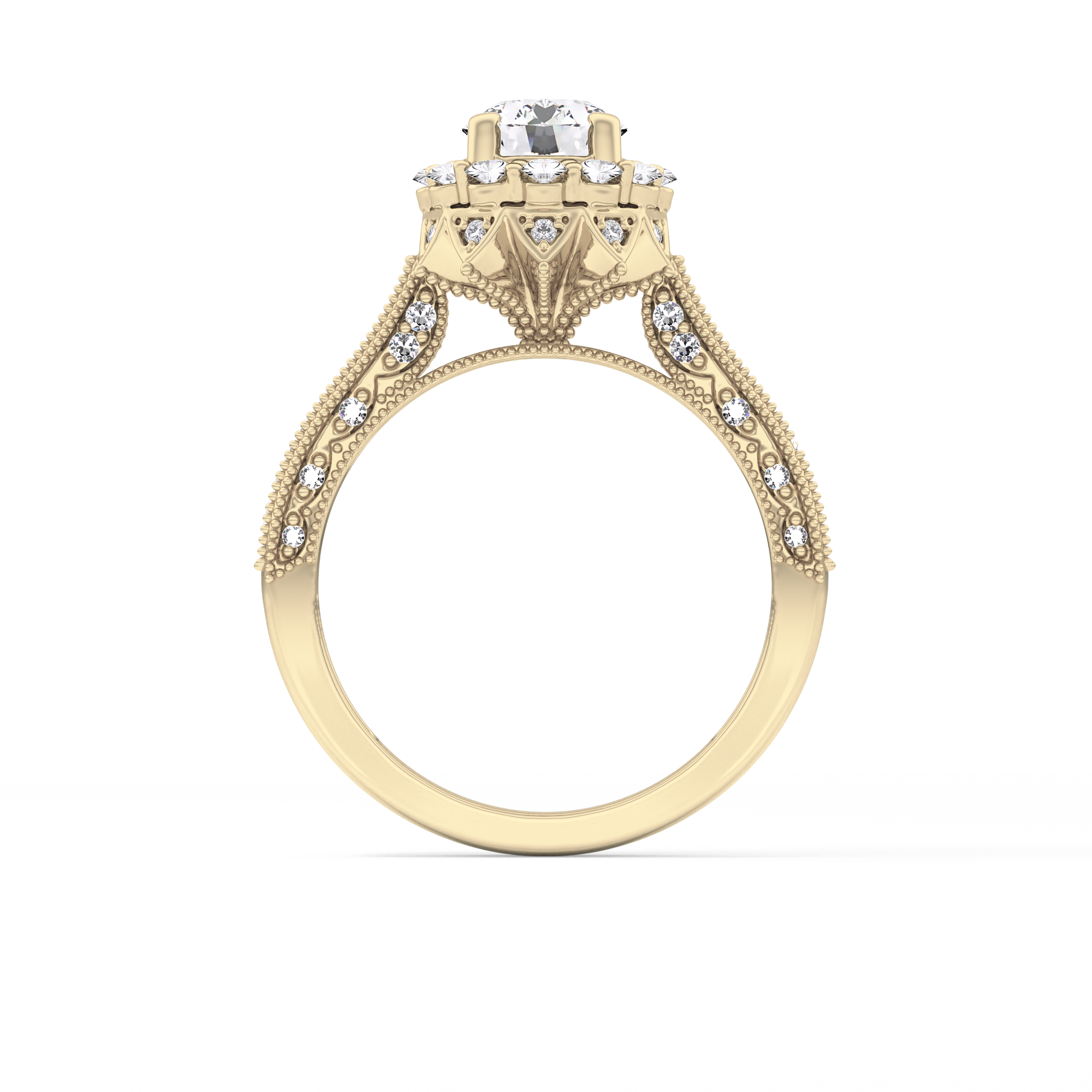 Round Cut 0.79 Carat Moissanite Ring – Halo and Pave Setting in Gold