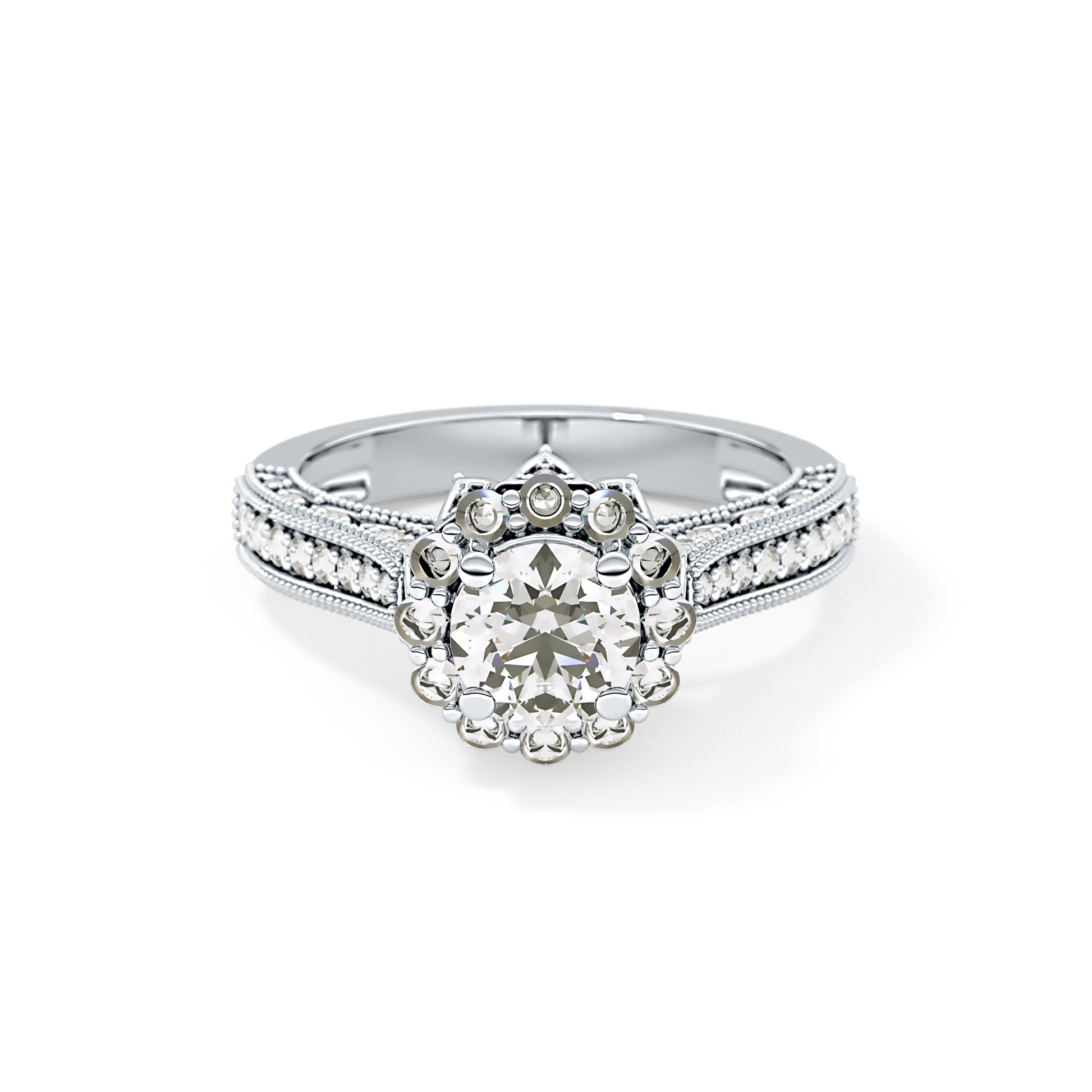 Round Cut 0.79 Carat Moissanite Ring – Halo and Pave Setting in Gold
