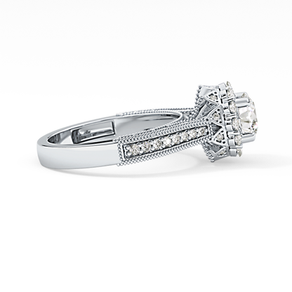Round Cut 0.79 Carat Moissanite Ring – Halo and Pave Setting in Gold
