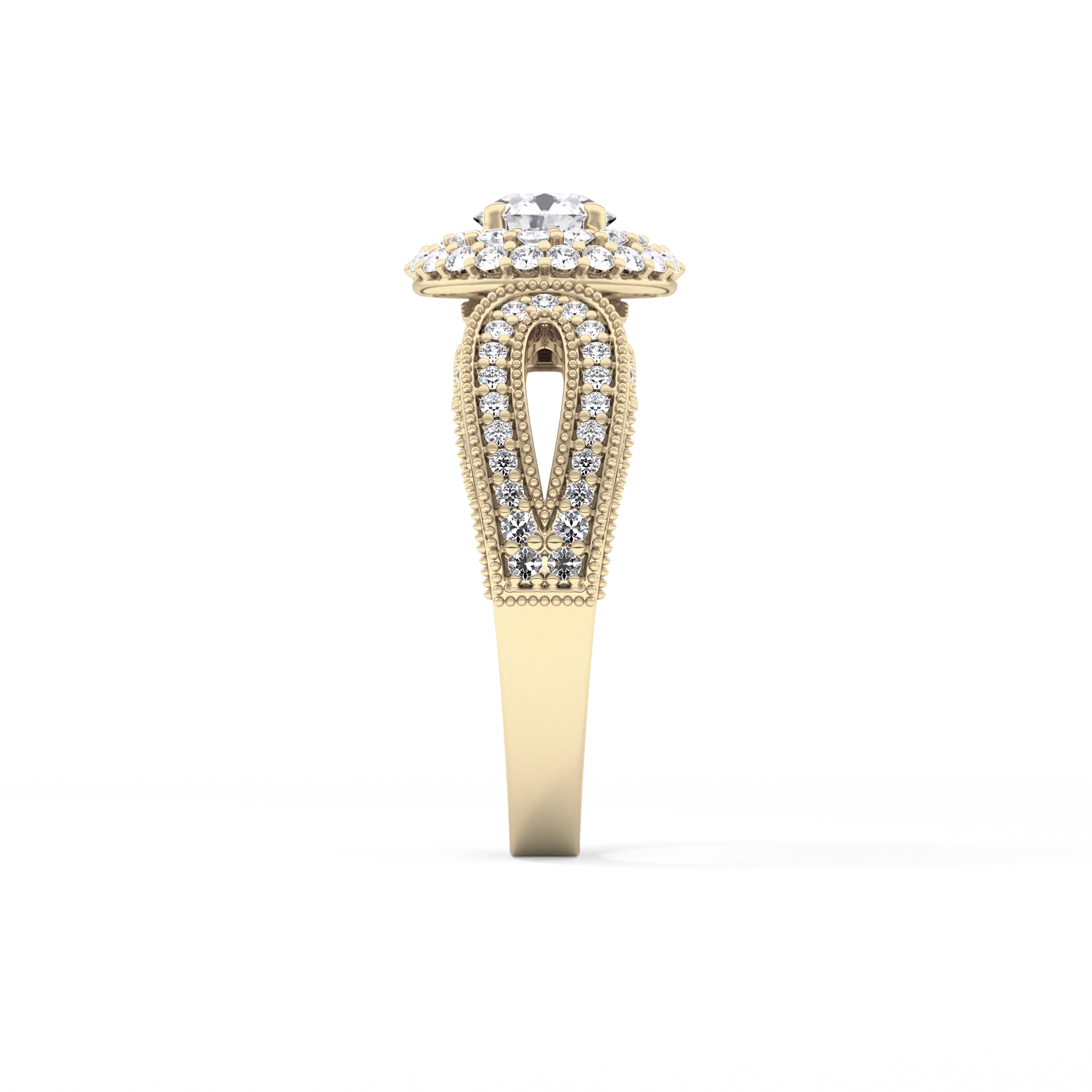 Round Cut 0.49 Carat Moissanite Ring – Double Halo and Pave Setting in Gold