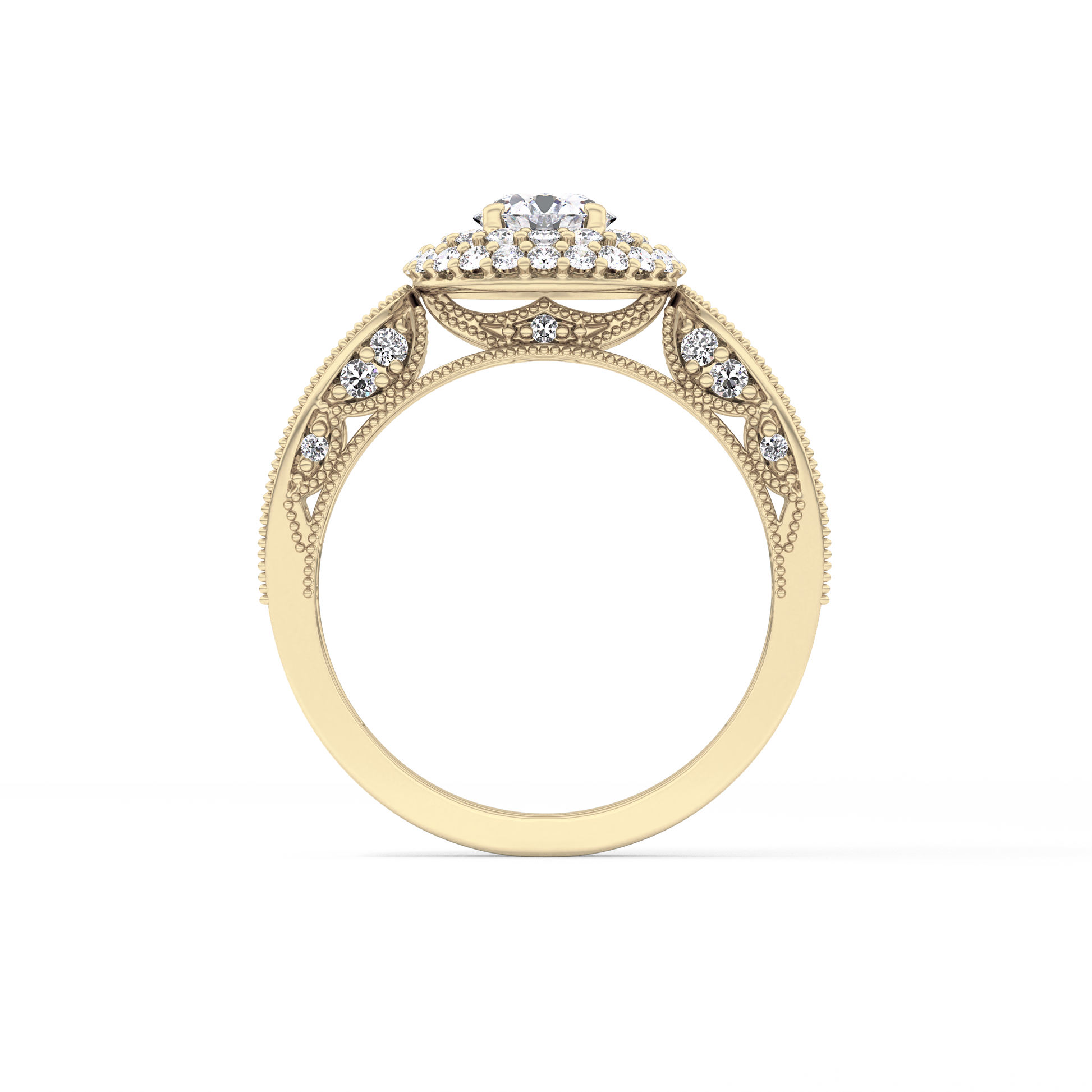 Round Cut 0.49 Carat Moissanite Ring – Double Halo and Pave Setting in Gold