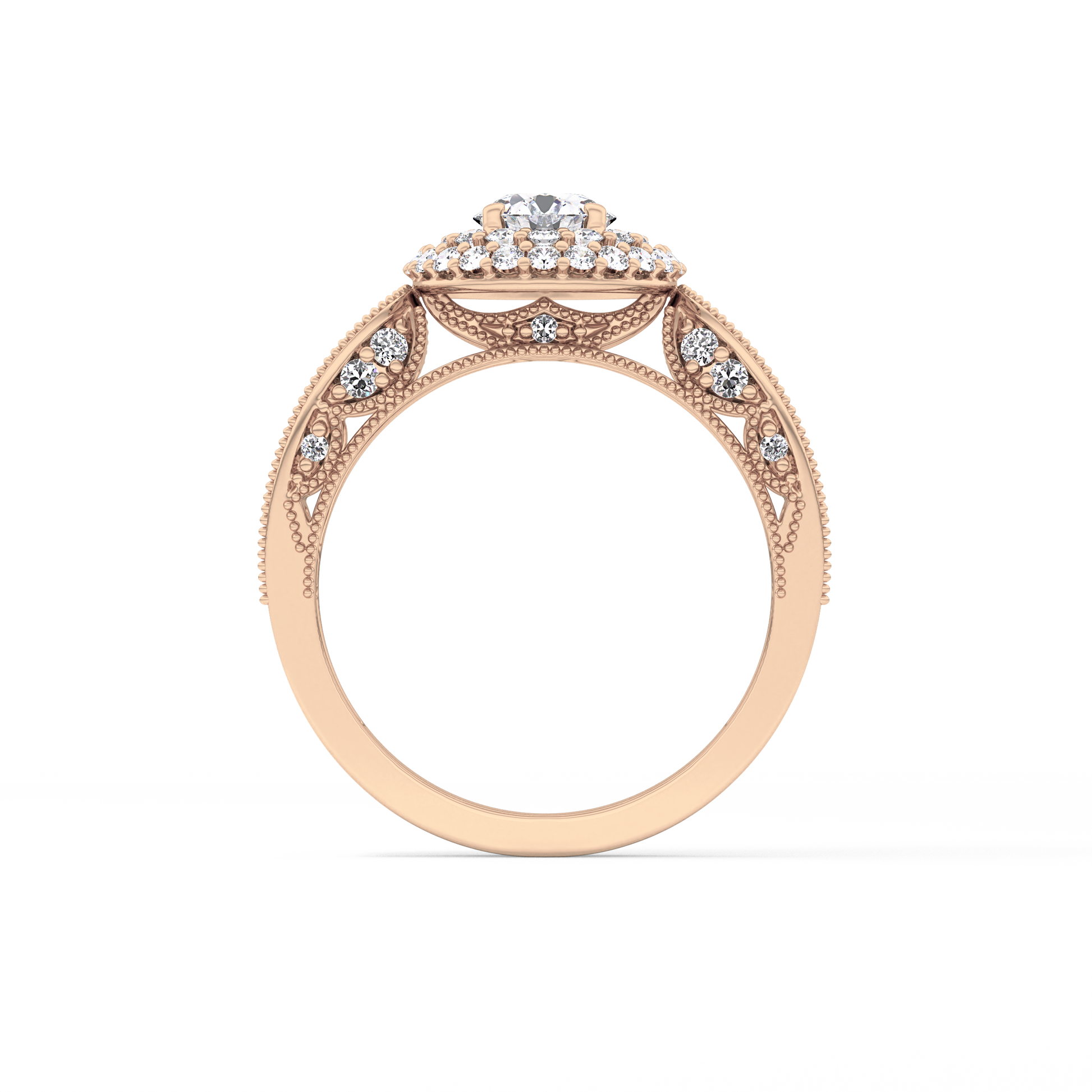 Round Cut 0.49 Carat Moissanite Ring – Double Halo and Pave Setting in Gold