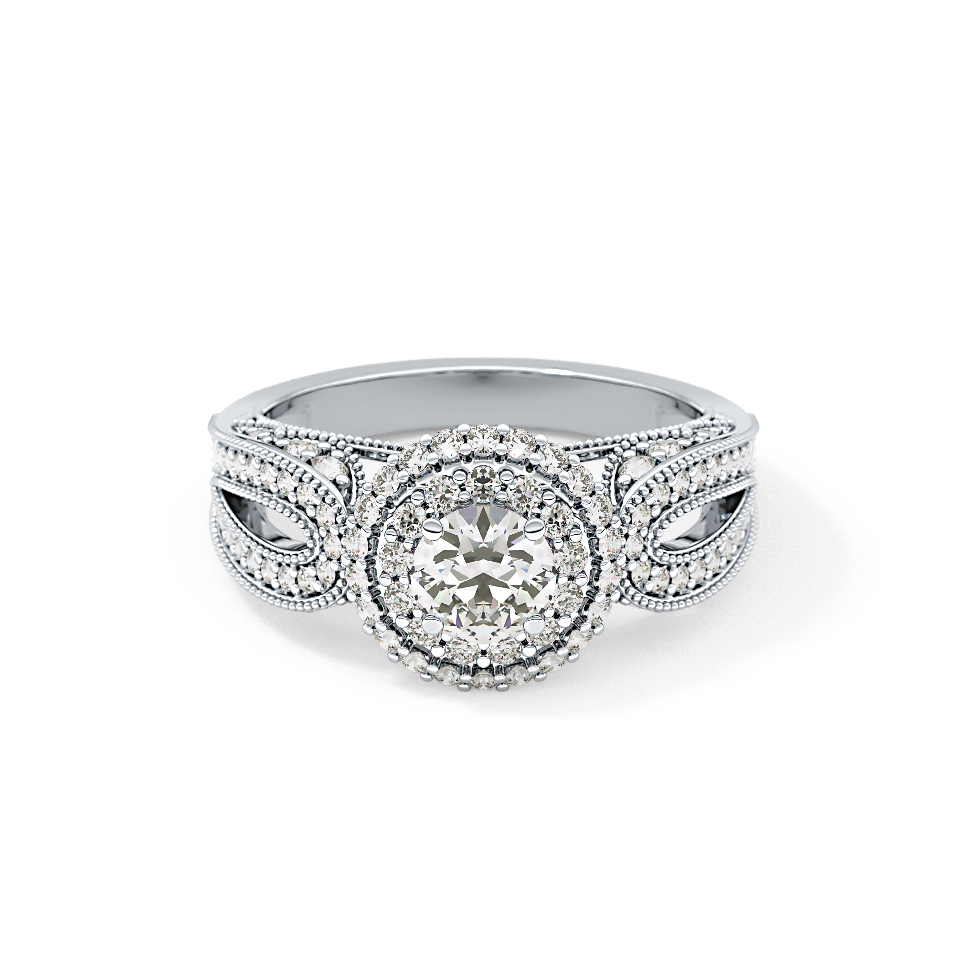 Round Cut 0.49 Carat Moissanite Ring – Double Halo and Pave Setting in Gold