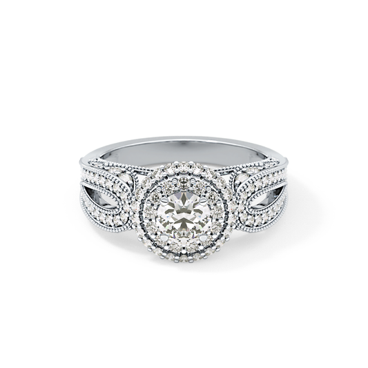 Round Cut 0.49 Carat Moissanite Ring – Double Halo and Pave Setting in Gold