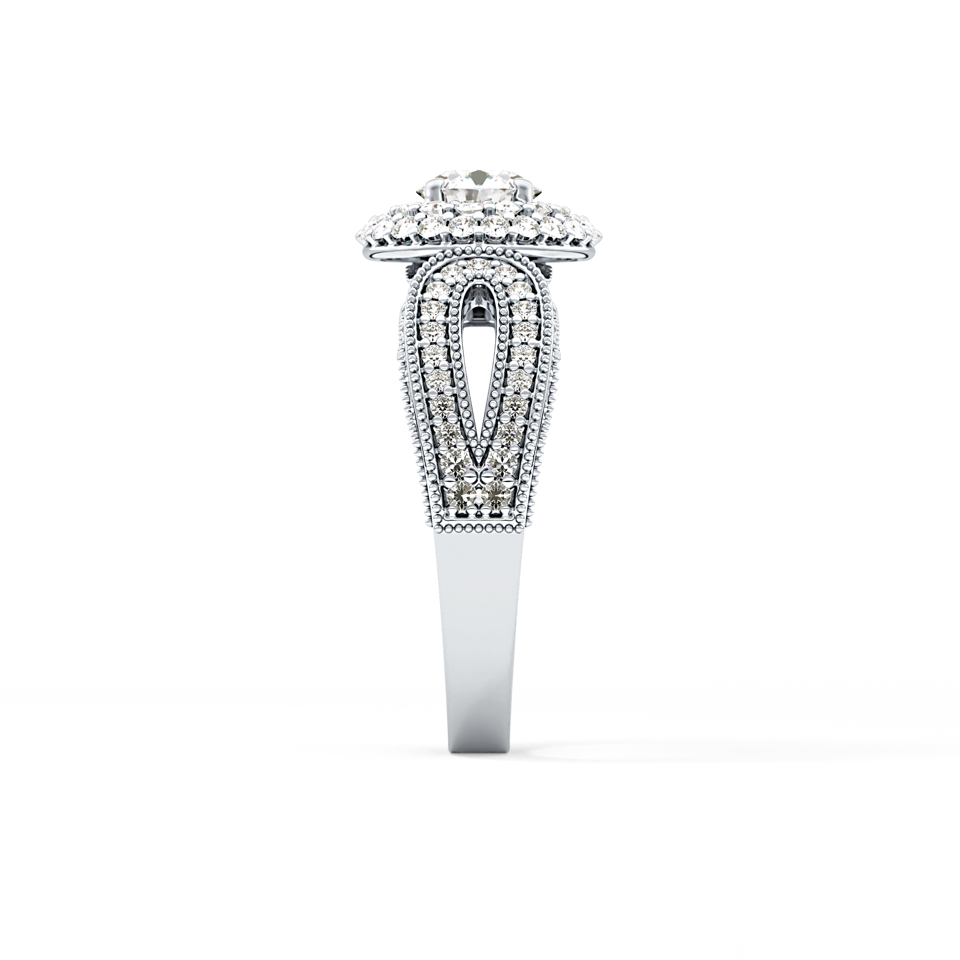 Round Cut 0.49 Carat Moissanite Ring – Double Halo and Pave Setting in Gold