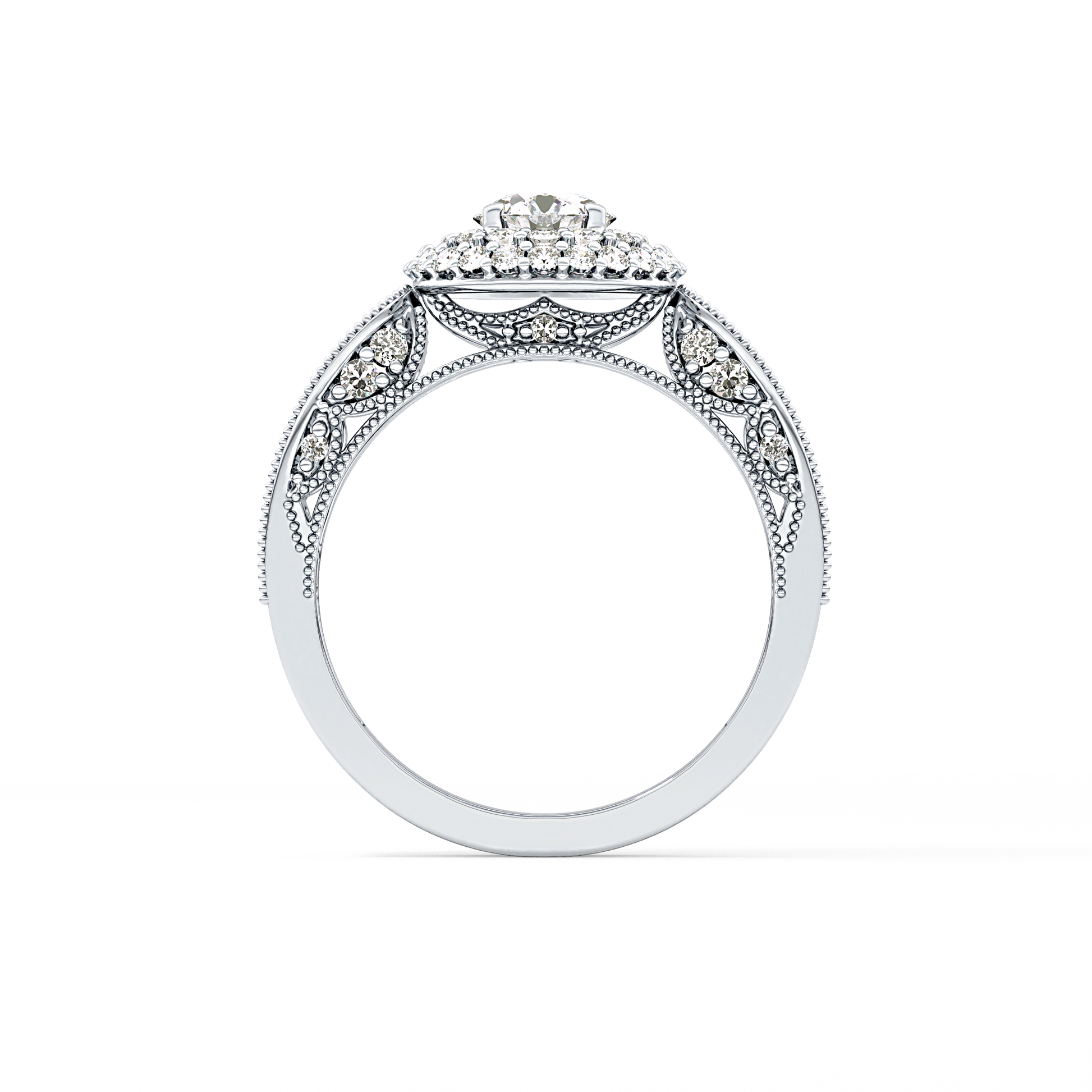 Round Cut 0.49 Carat Moissanite Ring – Double Halo and Pave Setting in Gold