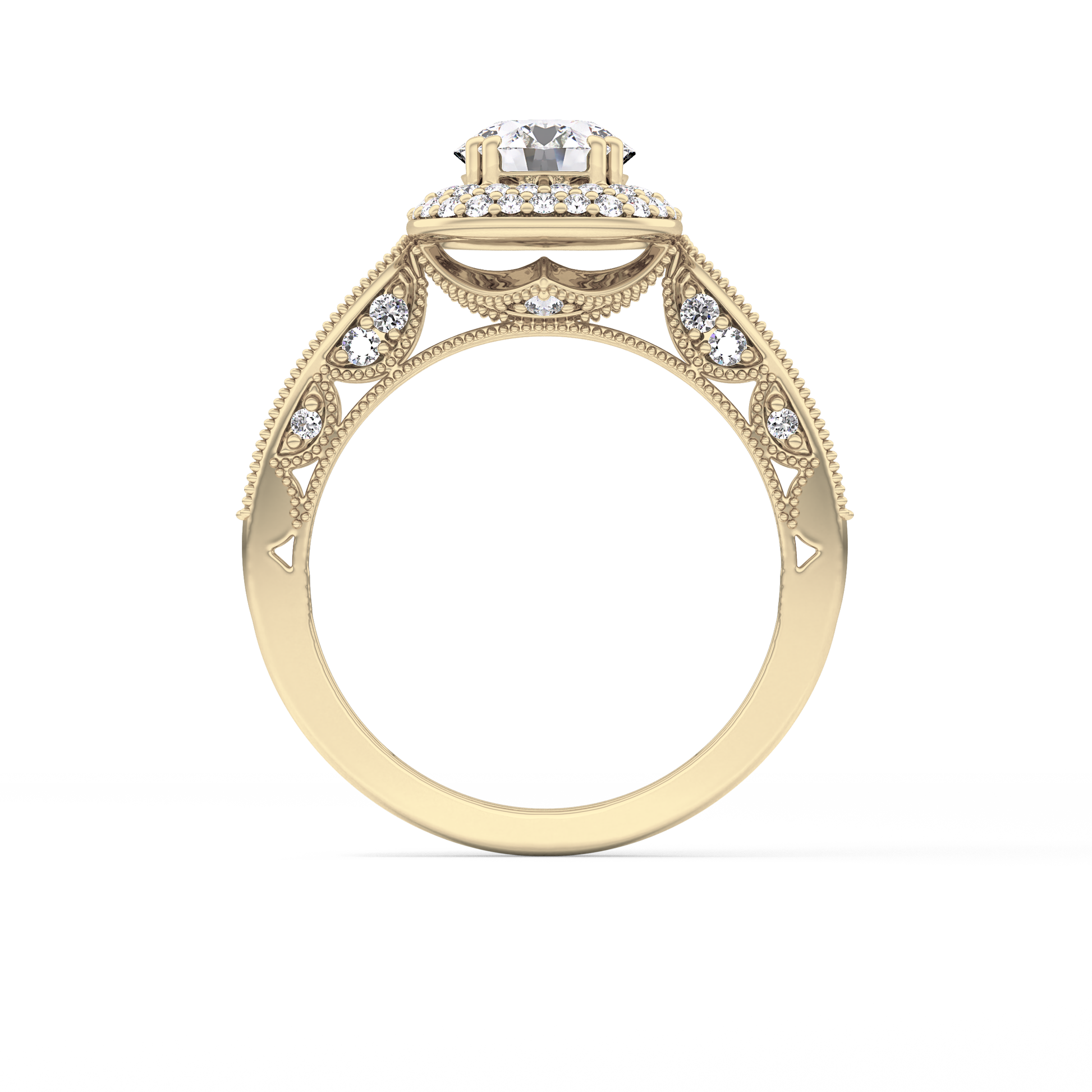 Round Cut 1.05 Carat Moissanite Ring – Double Halo and Pave Setting in Gold