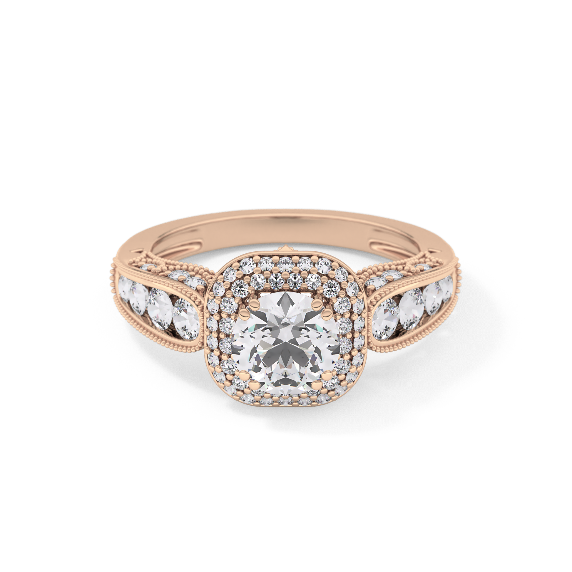Round Cut 1.05 Carat Moissanite Ring – Double Halo and Pave Setting in Gold