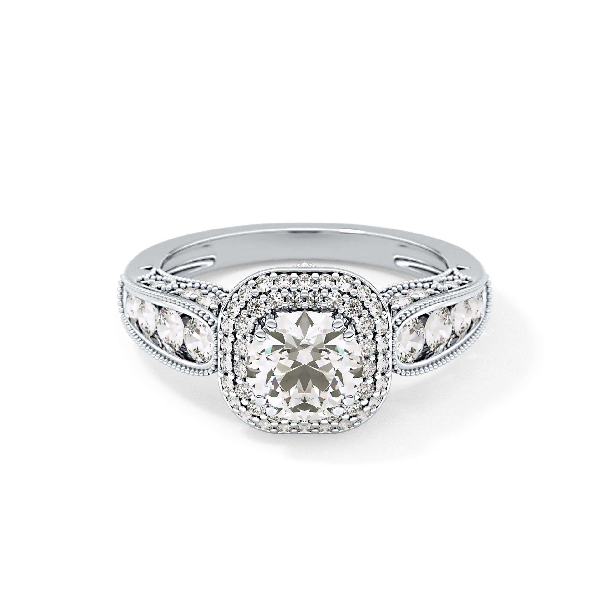 Round Cut 1.05 Carat Moissanite Ring – Double Halo and Pave Setting in Gold