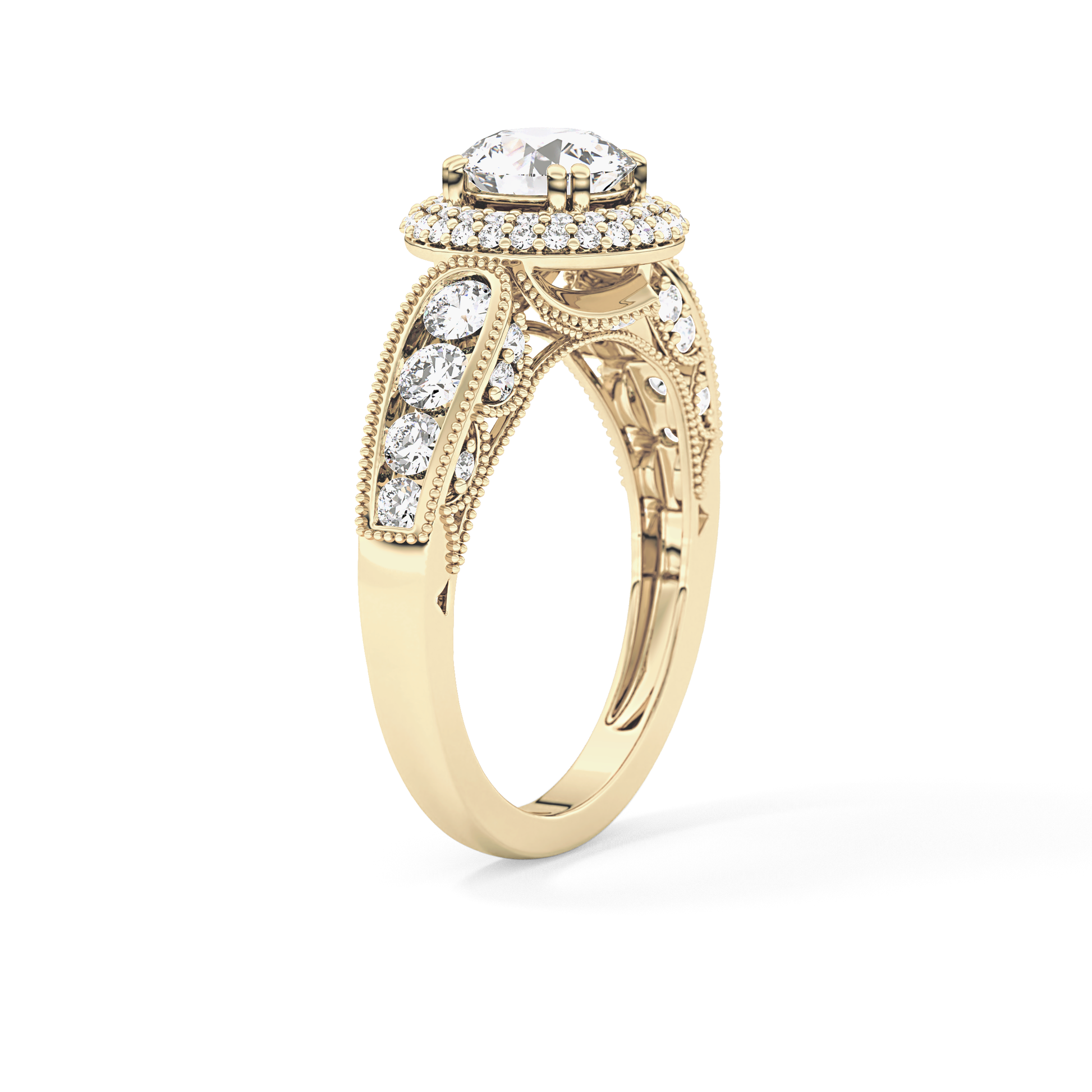 Round Cut 1.05 Carat Moissanite Ring – Double Halo and Pave Setting in Gold