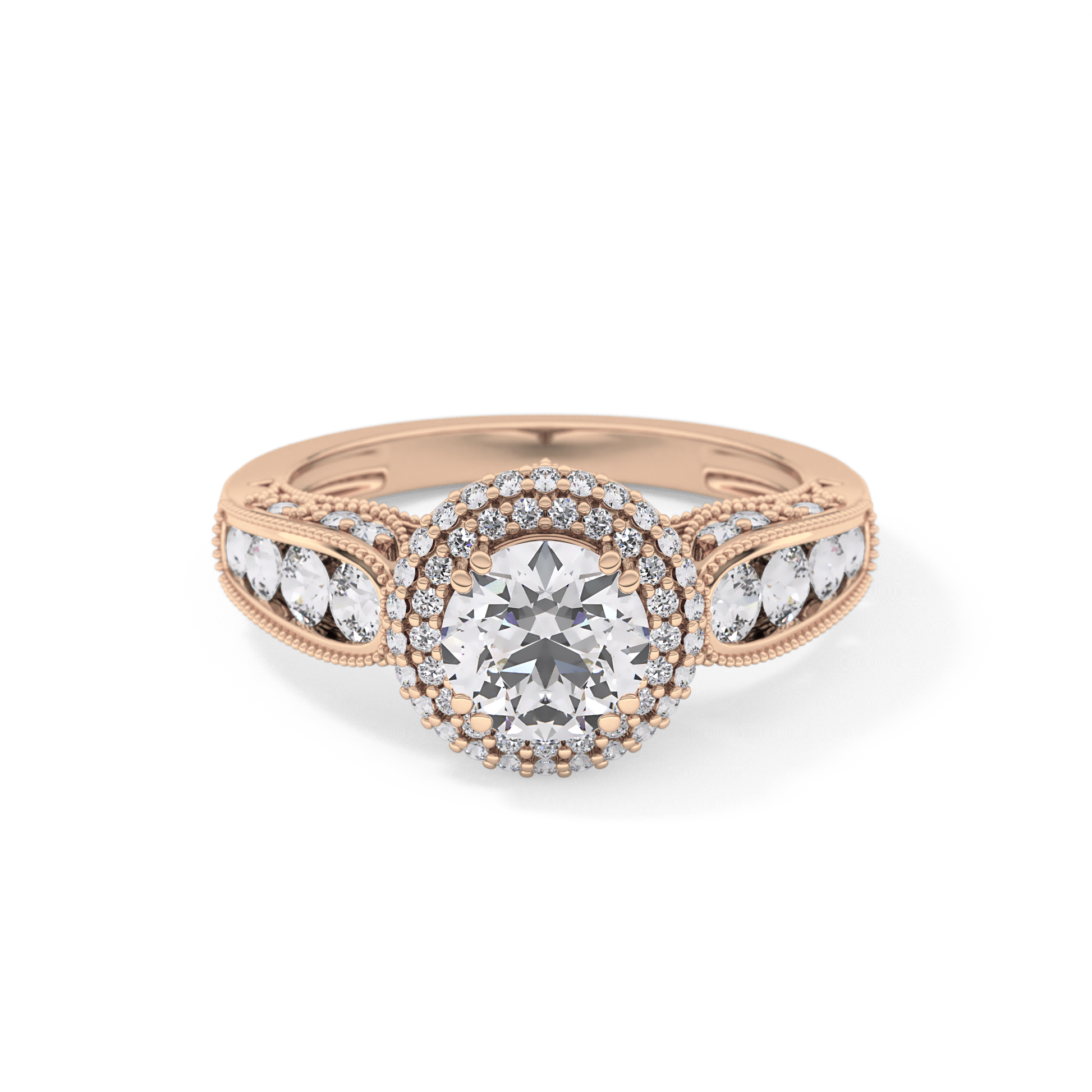 Round Cut 1.05 Carat Moissanite Ring – Double Halo and Pave Setting in Gold