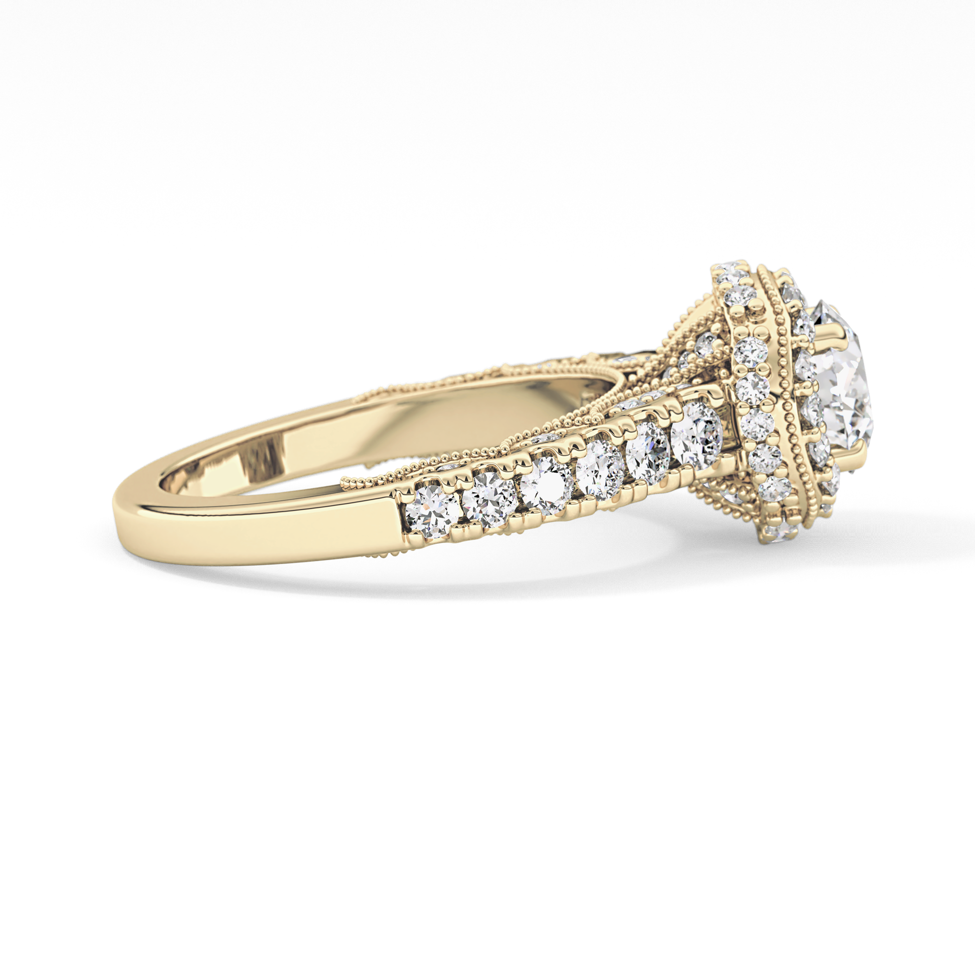 Round Cut 1.05 Carat Moissanite Ring – Halo and Pave Setting in Gold