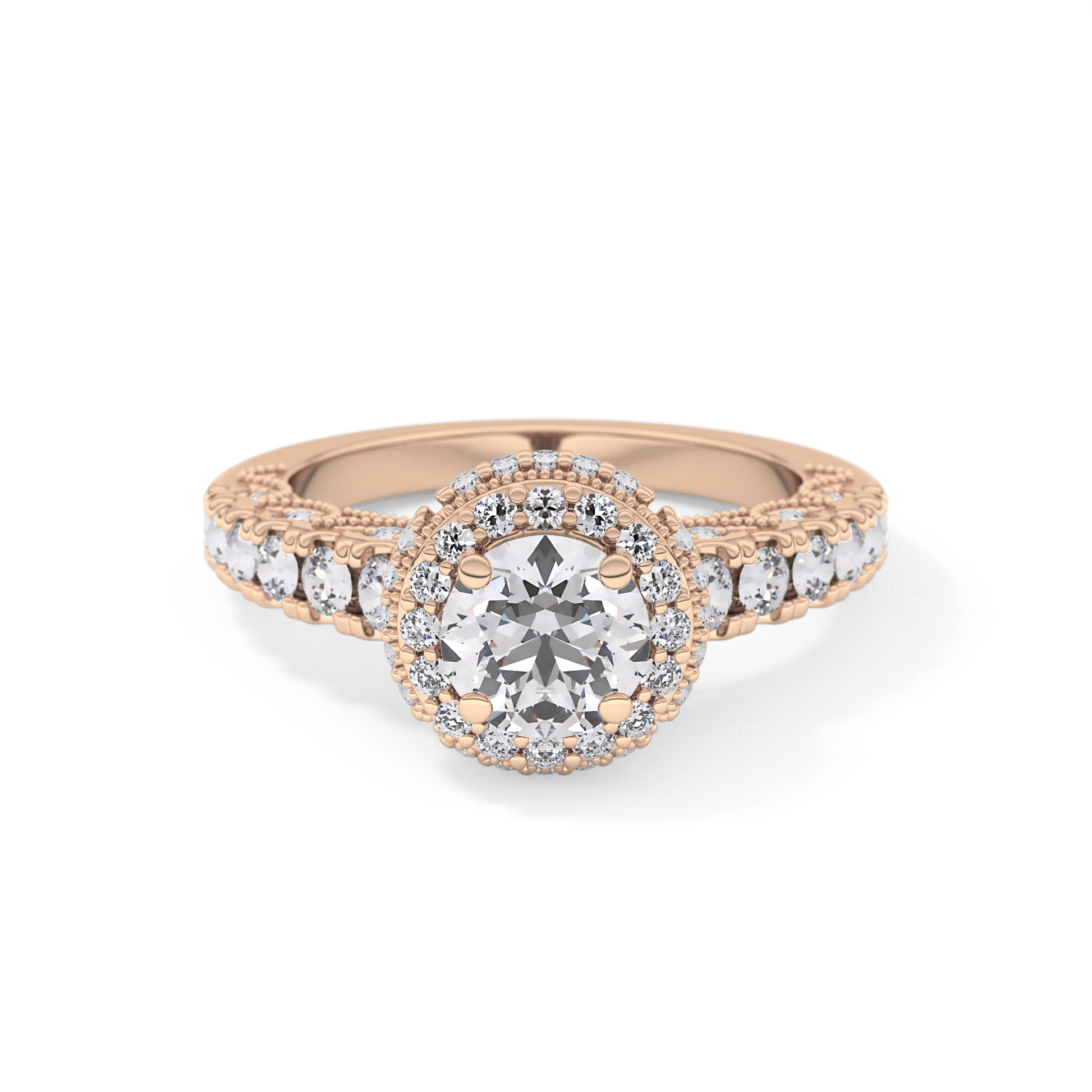 Round Cut 1.05 Carat Moissanite Ring – Halo and Pave Setting in Gold