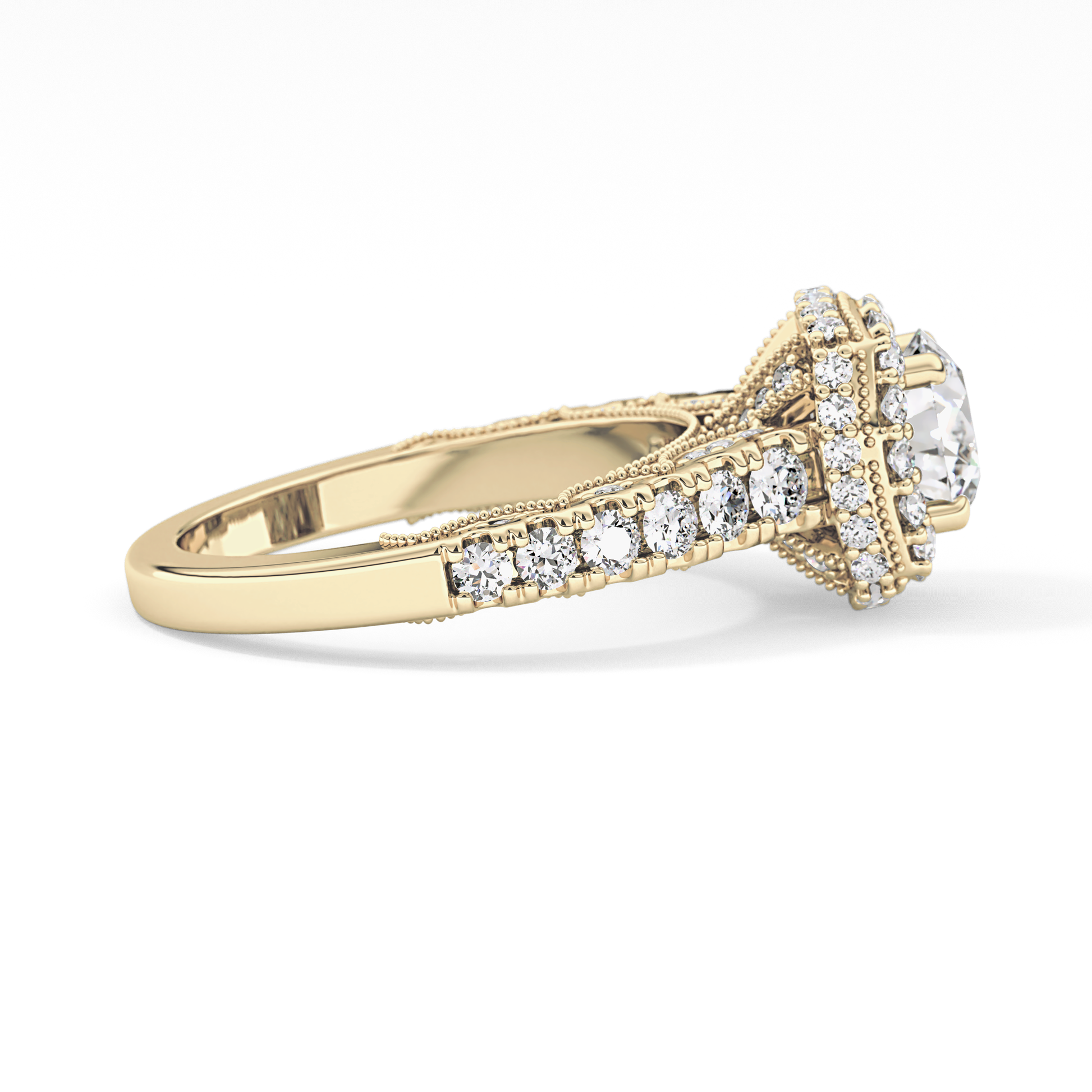Round Cut 1.15 Carat Moissanite Ring – Halo and Pave Setting in Gold