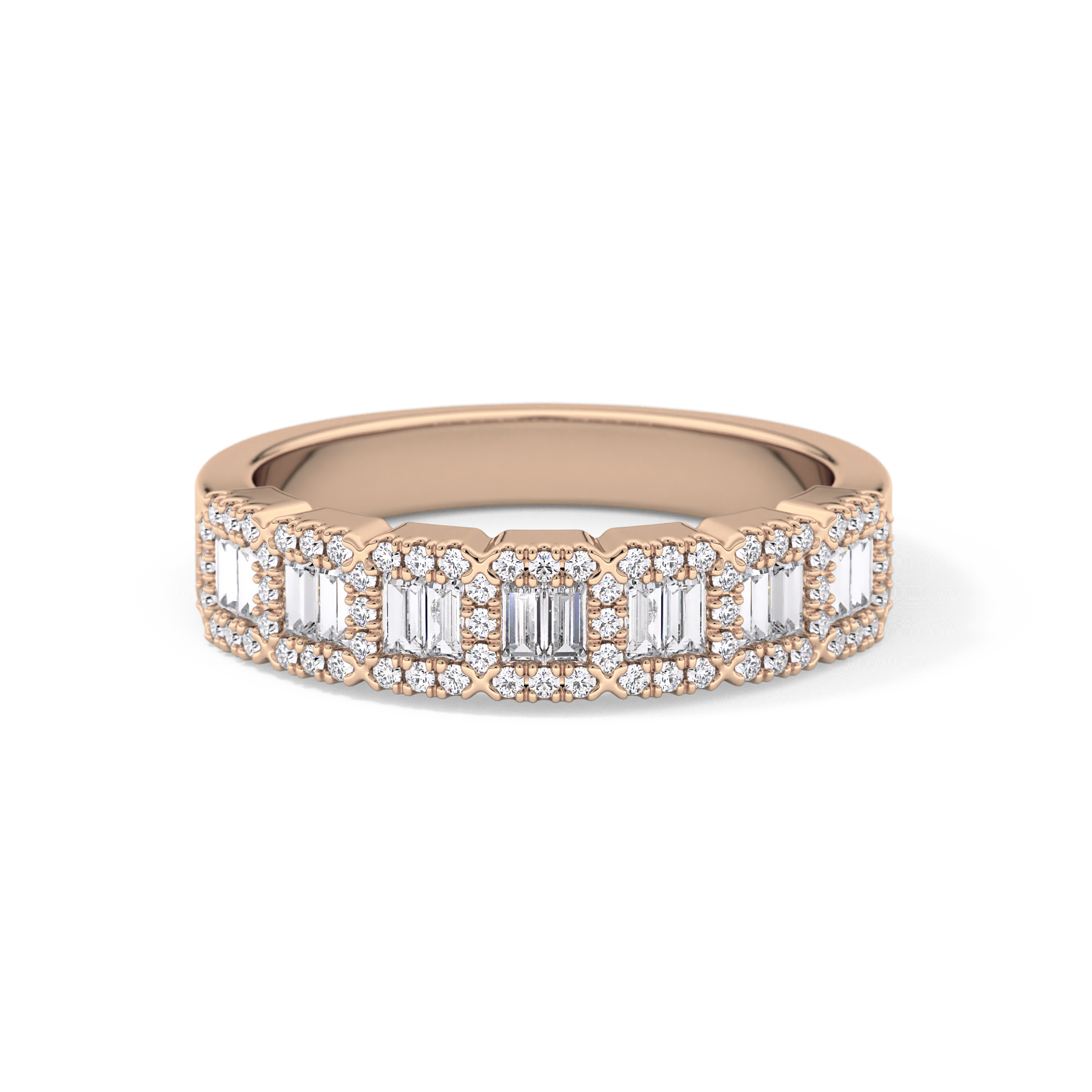 Half Eternity Wedding Band with 0.71 TCW Round and Baguette Cut Moissanite – Yellow, White, or Rose Gold